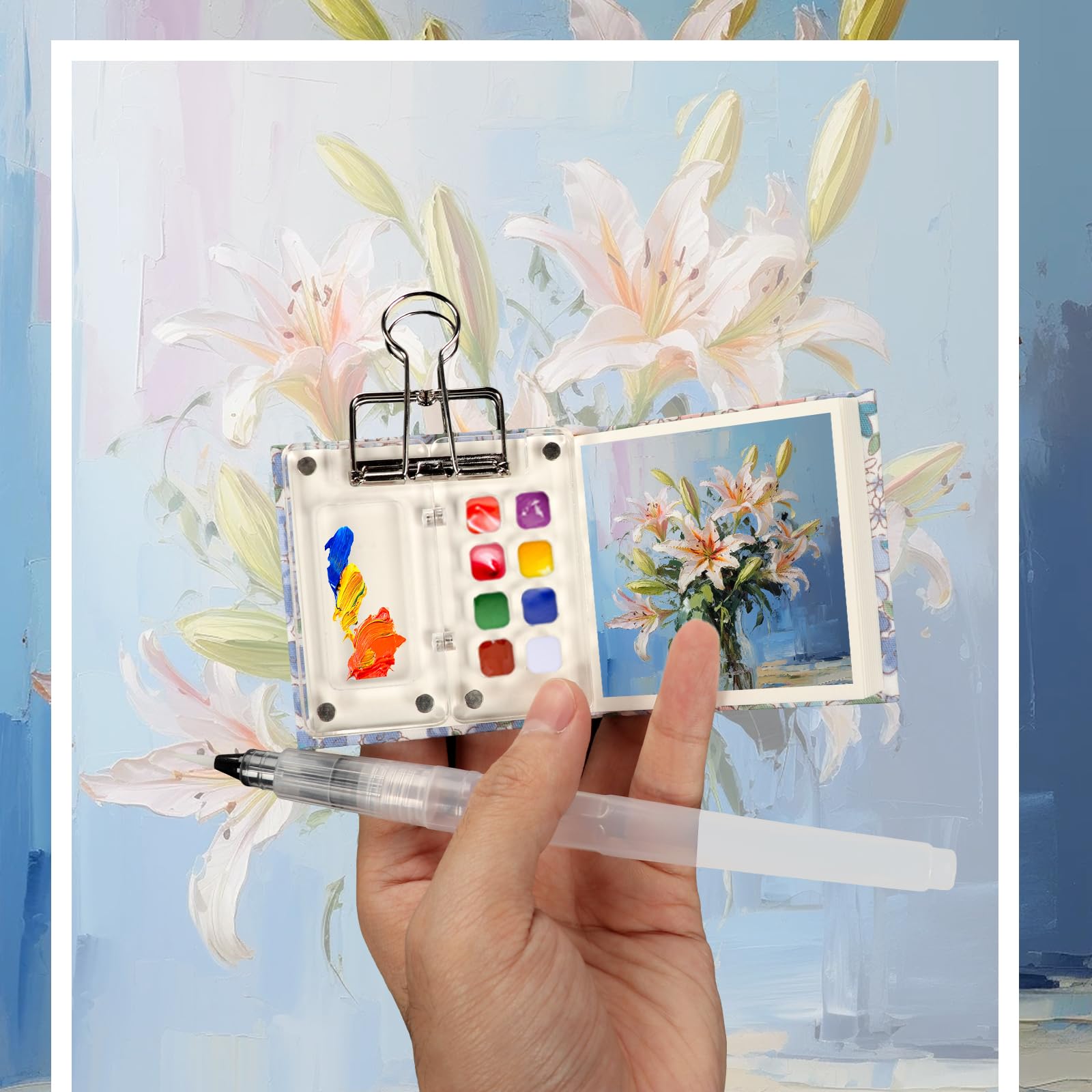 Lot De Palettes D'aquarelle De Poche 6 Cm X 6 Cm, 8 Grilles, Mini Carnet De Croquis Aquarelle, Kit De Peinture Acrylique De Voyage Avec Stylo Plume (6 Pièces) + Sac De