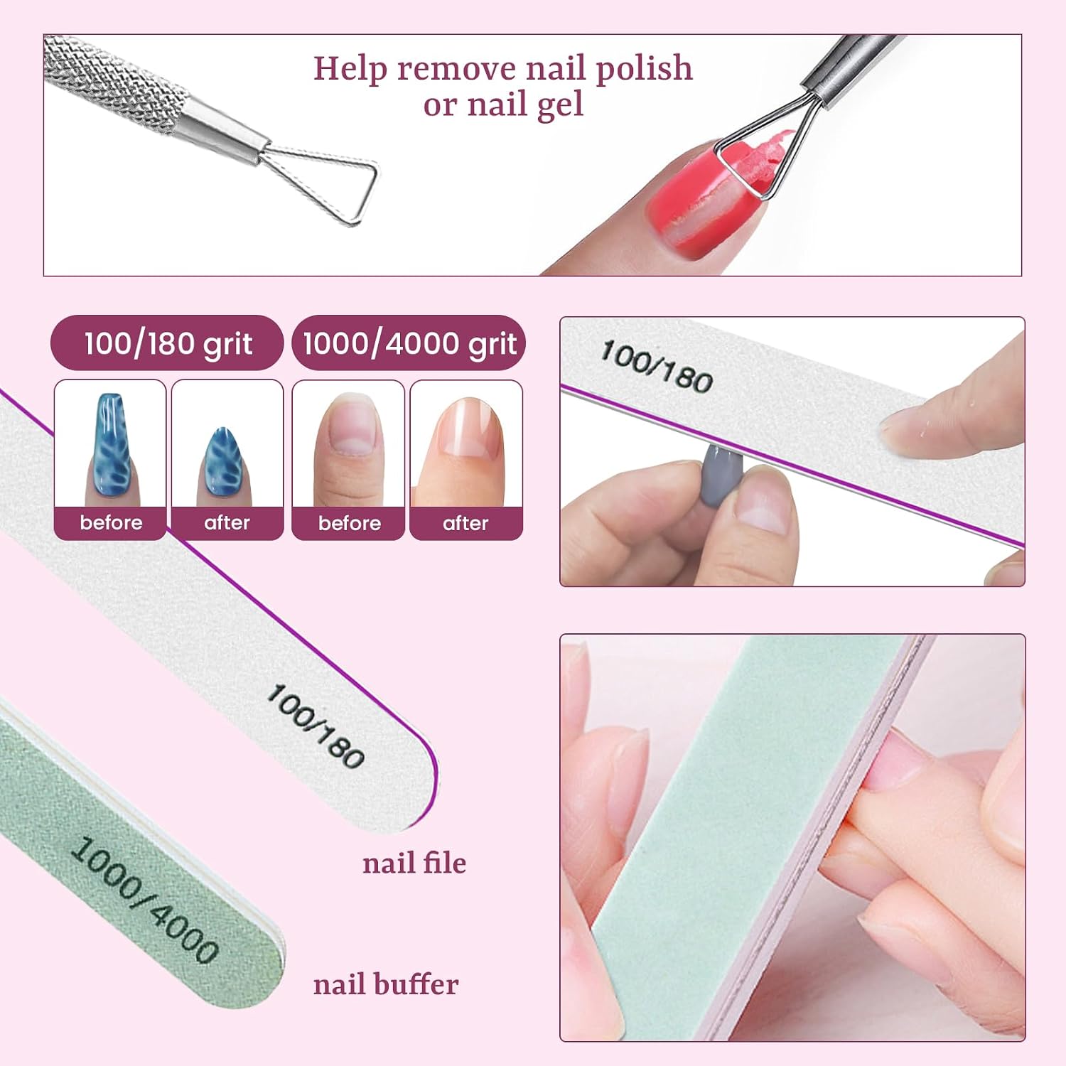 15 Pcs Nail Soak Off Clips for Finger & Toe Nails, Gel Nail Polish Remover Clips Kit with for Remover Gel & Acrylic Nails, Cuticle Scraper, Brush, File & buffer, Nail Remover Tools Home