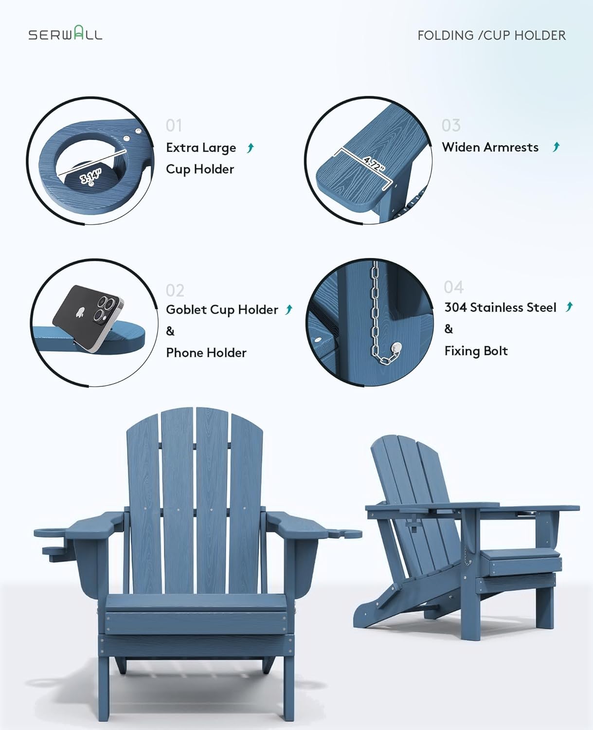 SERWALL Outdoor Round Coffee Table Set, 5-Piece Outdoor Coffee Table and Adirondack Chair with Cup Holders Blue