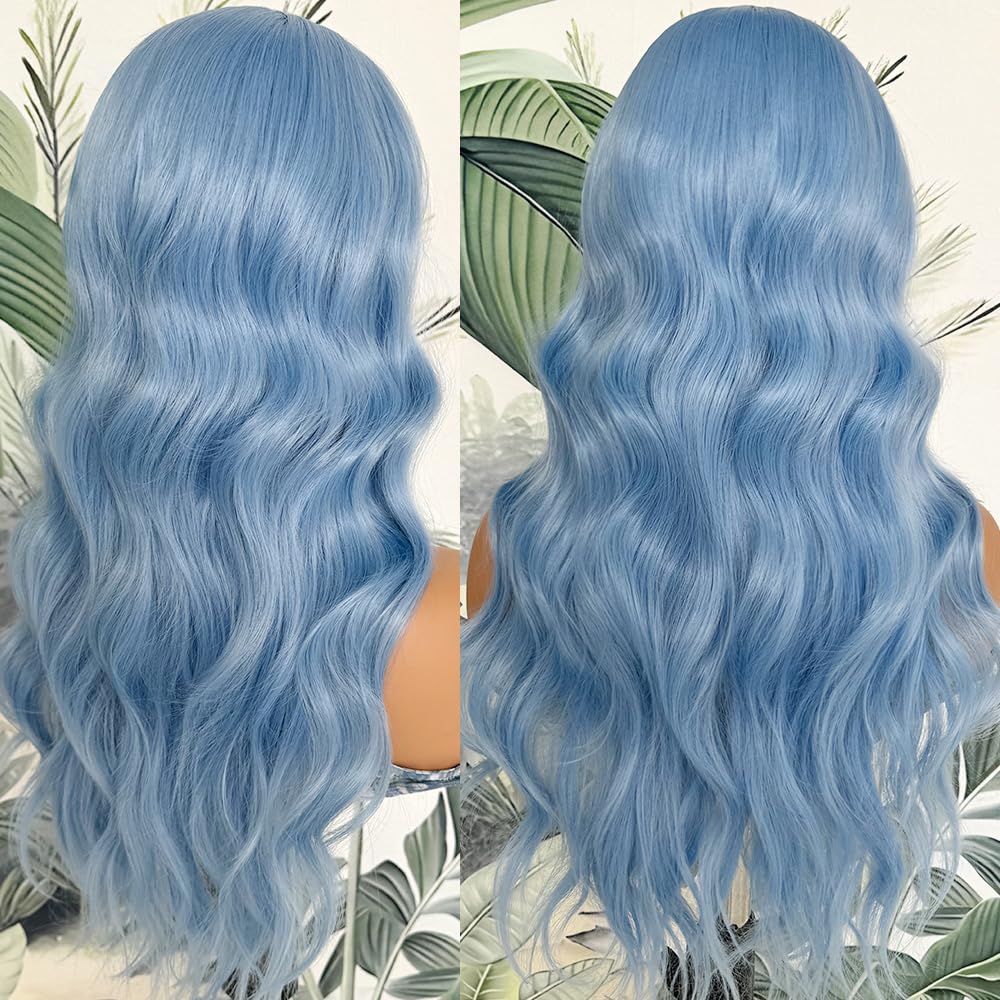 Lovestory Long Blue Synthetic Lace Front Wigs Loose Wave13X4 Pre Plucked Heat Resistant Synthetic HD Lace Front Wig for Fashion Women