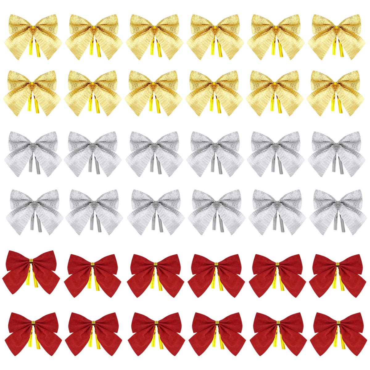 NATUCE 36 Piezas Lazo de Árbol de Navidad, Lazo de Navidad Lazo de Cinta para Árbol de Navidad, Decoración de Regalo, Adornos de Lazo de Cinta Colgante de Árbol de Navidad, Plata Rojo Dorado