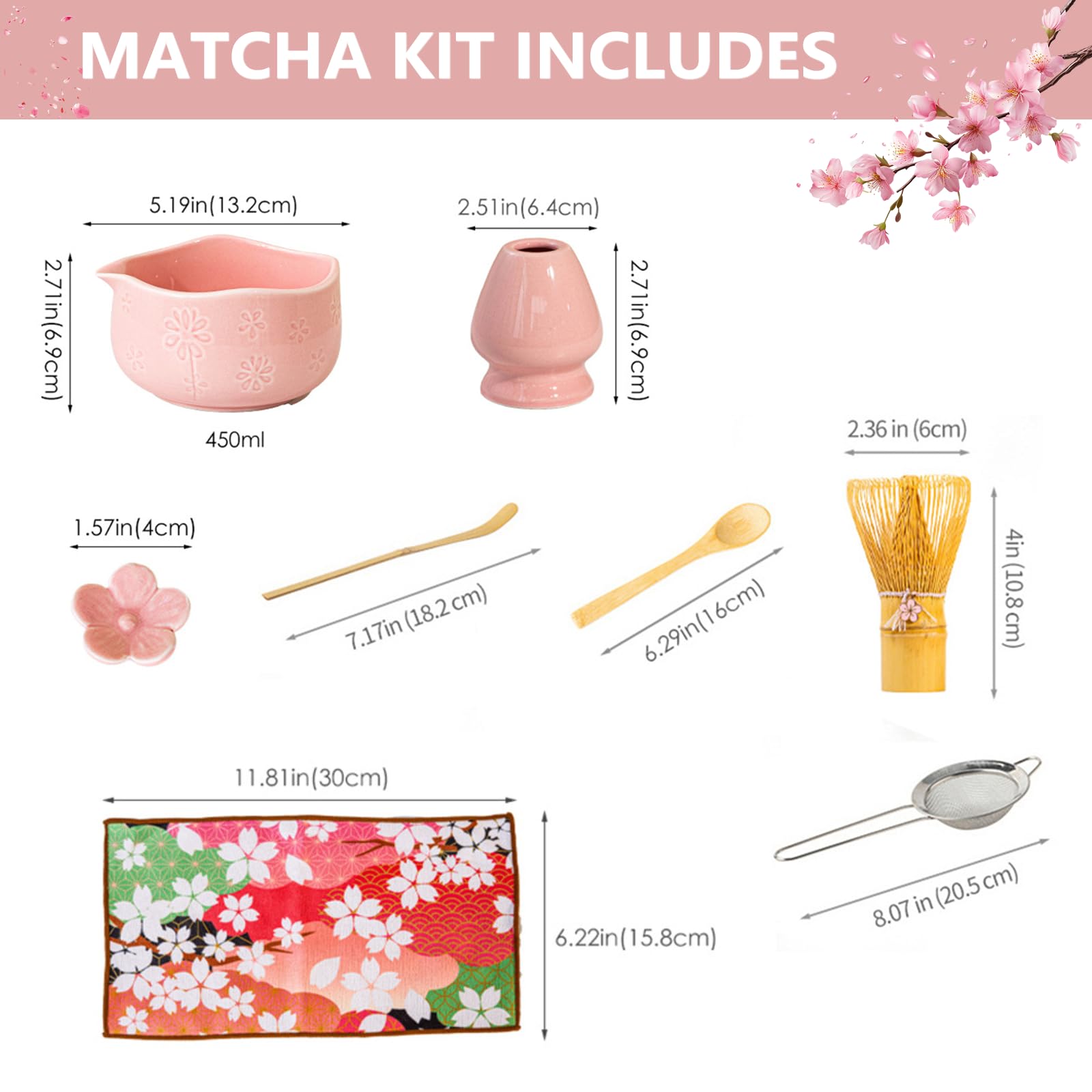 Matcha Set di 8 pezzi Macha Tea con scopa, filtro filtro, ciotola, cucchiaio, tappetino per asciugamano da tè, set regalo per la preparazione tradizionale matcha (verde) (rosa)