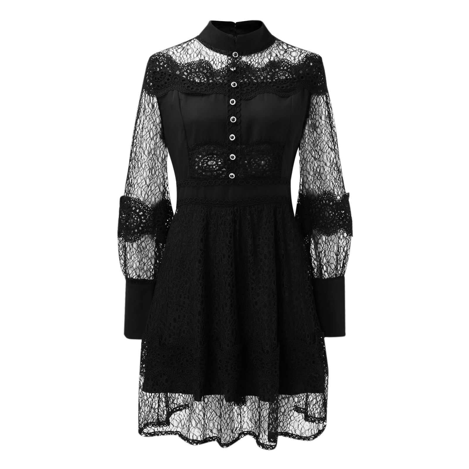 Générique Robe Décontractée Femme avec Dentelle Évidée et Manches Bouffantes Longues - Jupe à Volants et Fermeture Éclair pour Un Style Nouveau et Sensuel