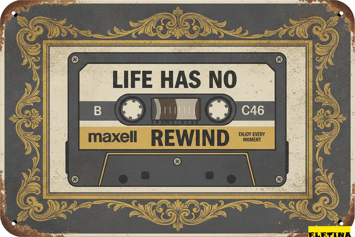 Life Has No Rewind Enjoy Every Moment Orange Music Cassette Tin Sign Office Wall Art Motivational Decor 8x12in