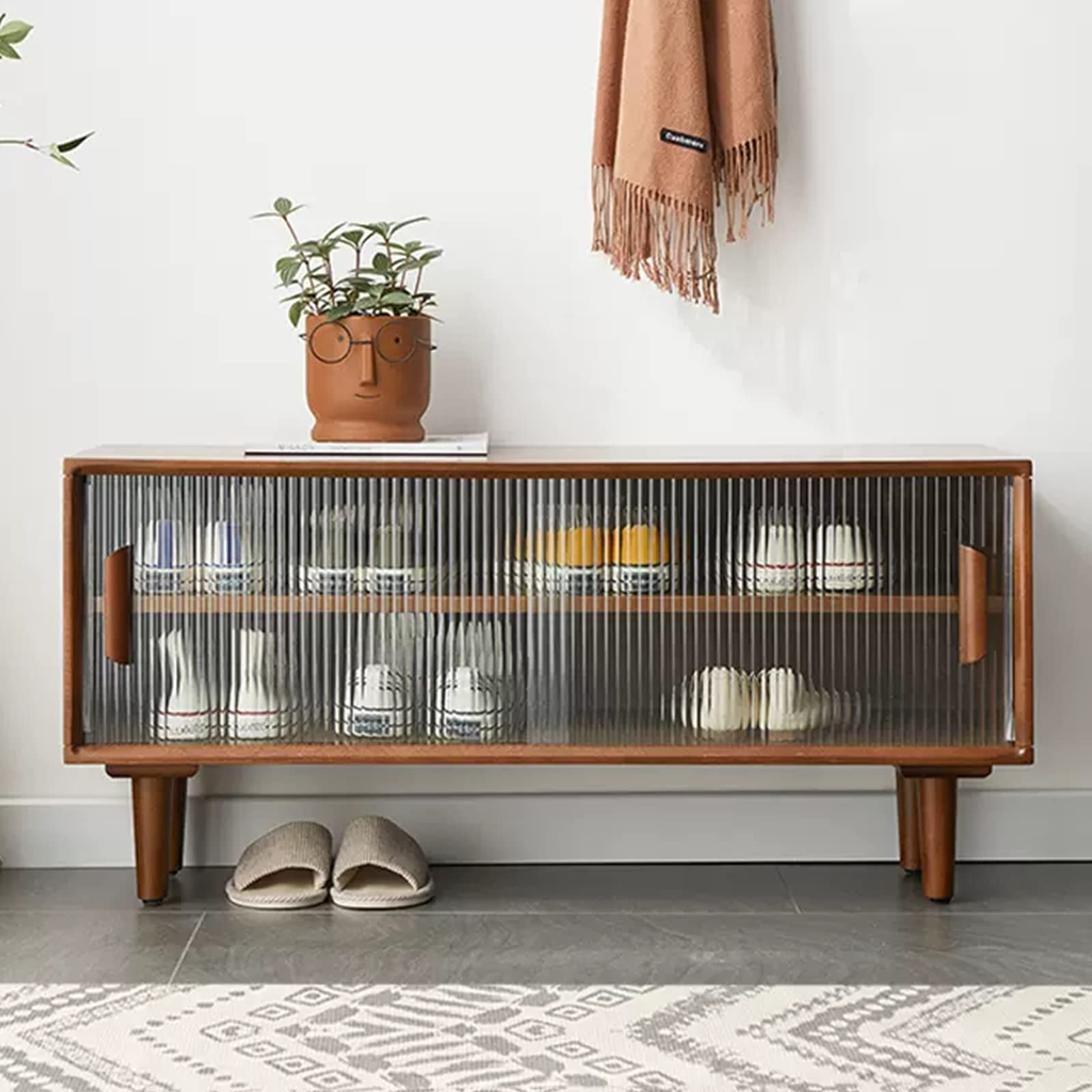 Scarpiera retrò con porta scorrevole, scaffale in legno a 2 ripiani, robusto organizer per ingresso per soggiorno e corridoio, elegante scarpiera (80 x 35 x 47 cm)