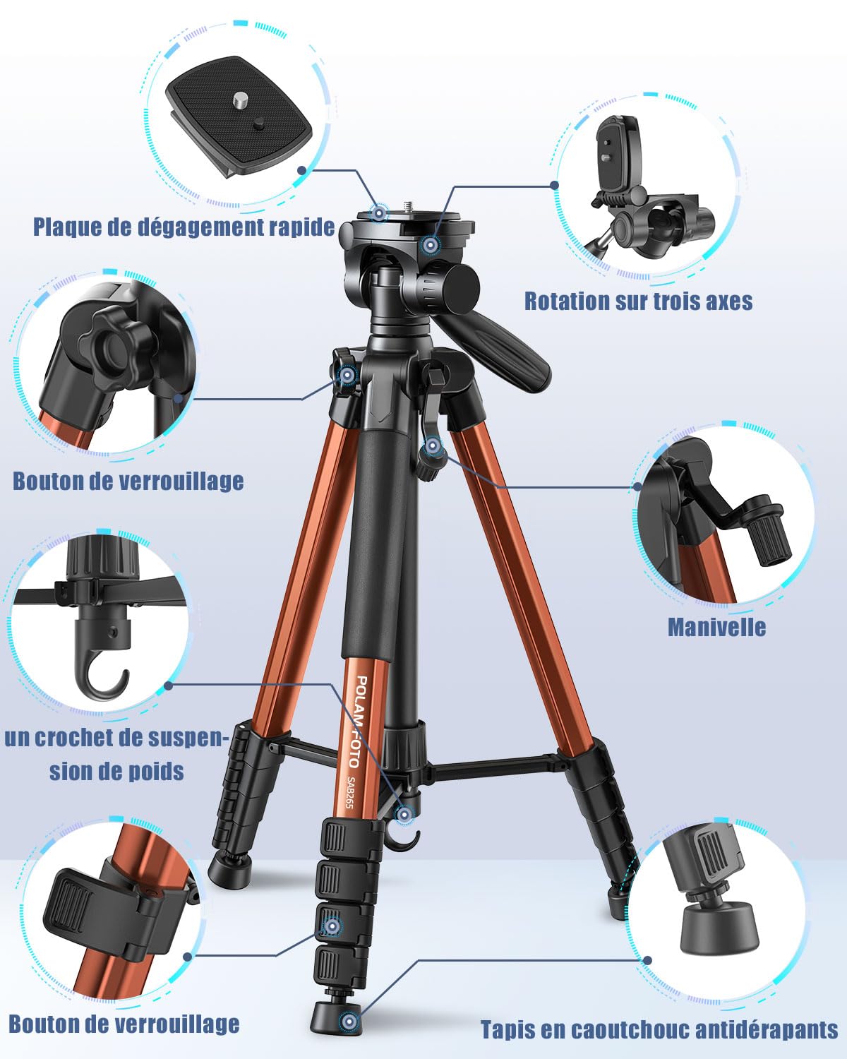POLAM-FOTO Trépied Professionnel pour Appareil Photo de 188 cm, trépied Professionnel en Aluminium Robuste, trépied Compact avec Sac de Transport, Support de téléphone Orange