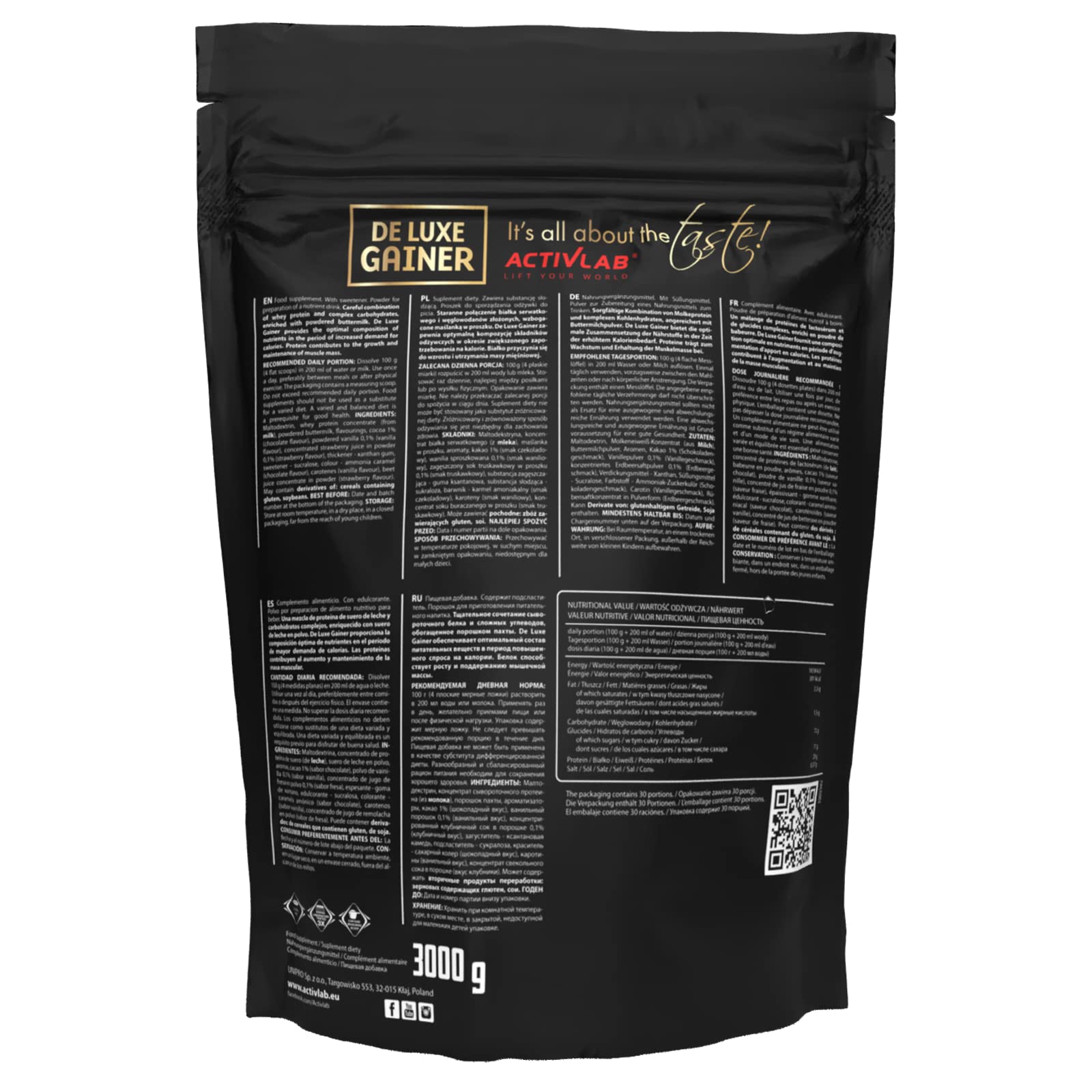 Activlab De Luxe Gainer 3000g – Mass Gainer – Odżywka Białkowo Węglowodanowa – Wsparcie Budowy Masy – Koncentrat Białka Serwatkowego WPC – Bez Cukru (Truskawka)