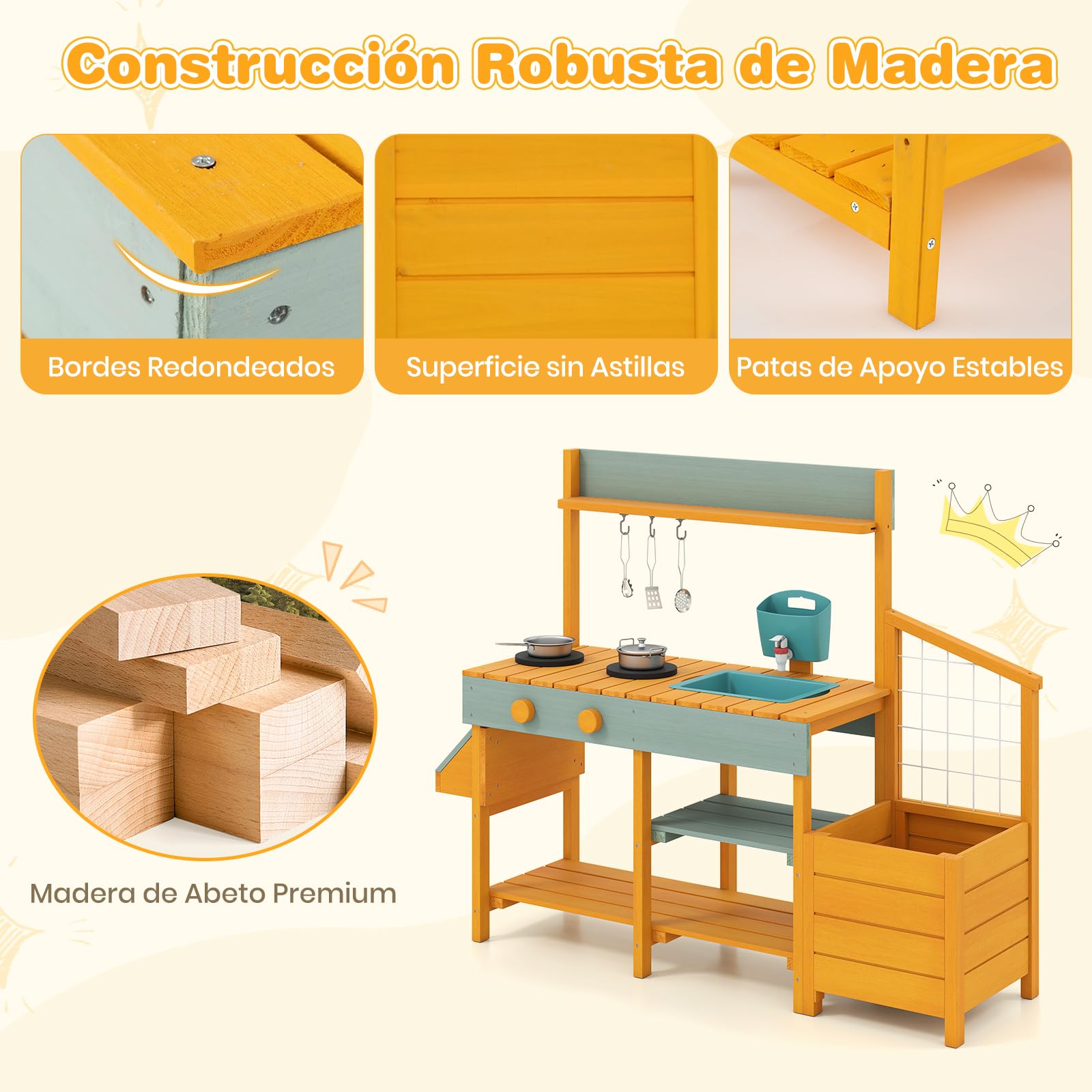 COSTWAY Cocina Juguete Exterior, Cocinita Infantil de Madera con Jardinera y Enrejado, Cocina de Barro con Fregadero Extraíble, Grifo, Fogones, Depósito de Agua para Niños de 3-8 Años (Amarillo)