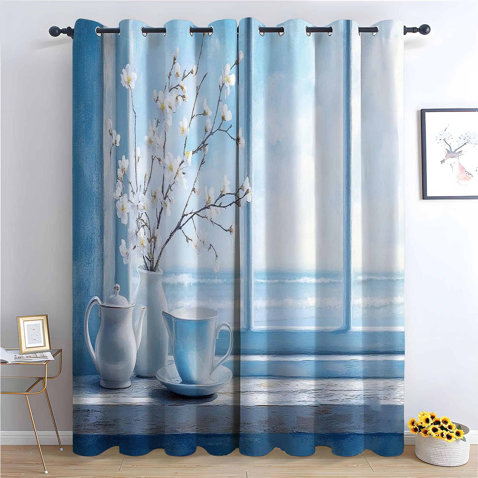 WIKEO Floral Curtains for Living Room Bedroom Window Beach Scenery Textured Farmhouse Curtain Leaf Printed Eyelet Rustic Drapes Window Treatment-52 W x 96" L (Pack of 2)