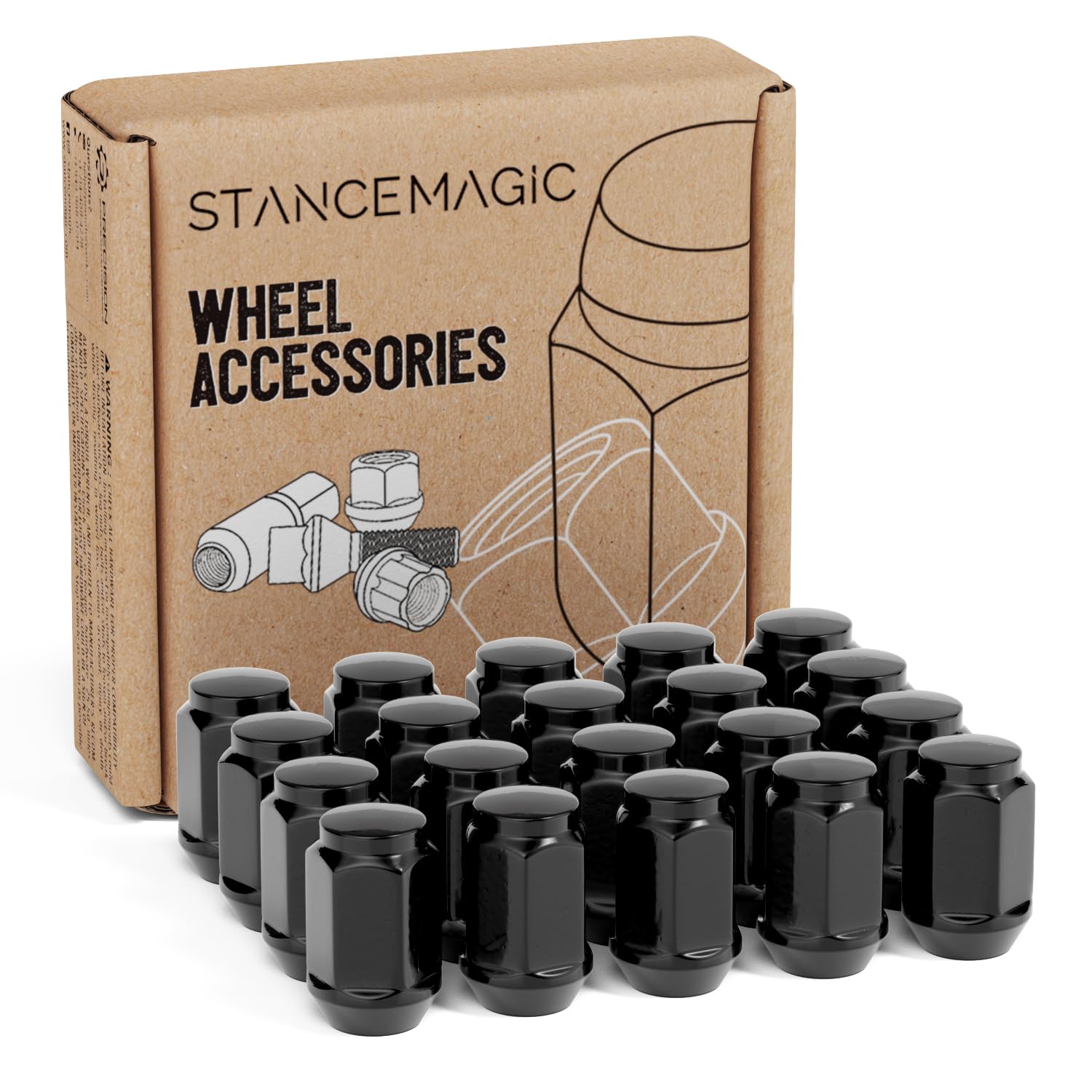 StanceMagic 20pcs 1/2-20 Lug Nuts Bulge Closed End, Cone Acorn Seat, 3/4" 19mm Hex, Compatible with Jeep Wrangler TJ JK Cherokee XJ Wrangler Liberty Rubicon CJ5 CJ7 ZJ WJ WK - Black, 1.4in Length