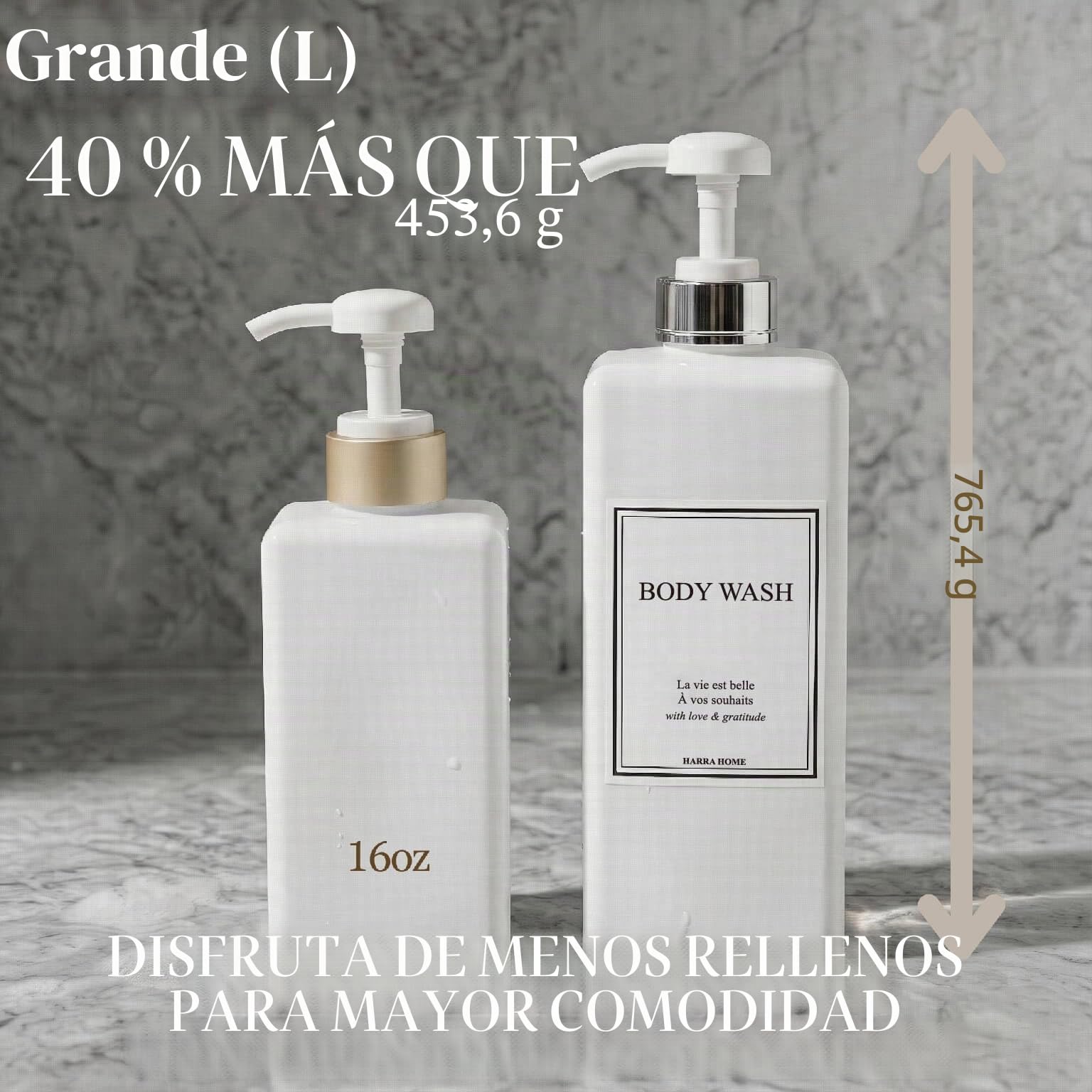 Modern Gold Design - Juego de Botellas con Bomba de 27 onzas, dispensador de champú y acondicionador, Botellas vacías de plástico para Ducha con Bomba para loción de baño, Gel Corporal,