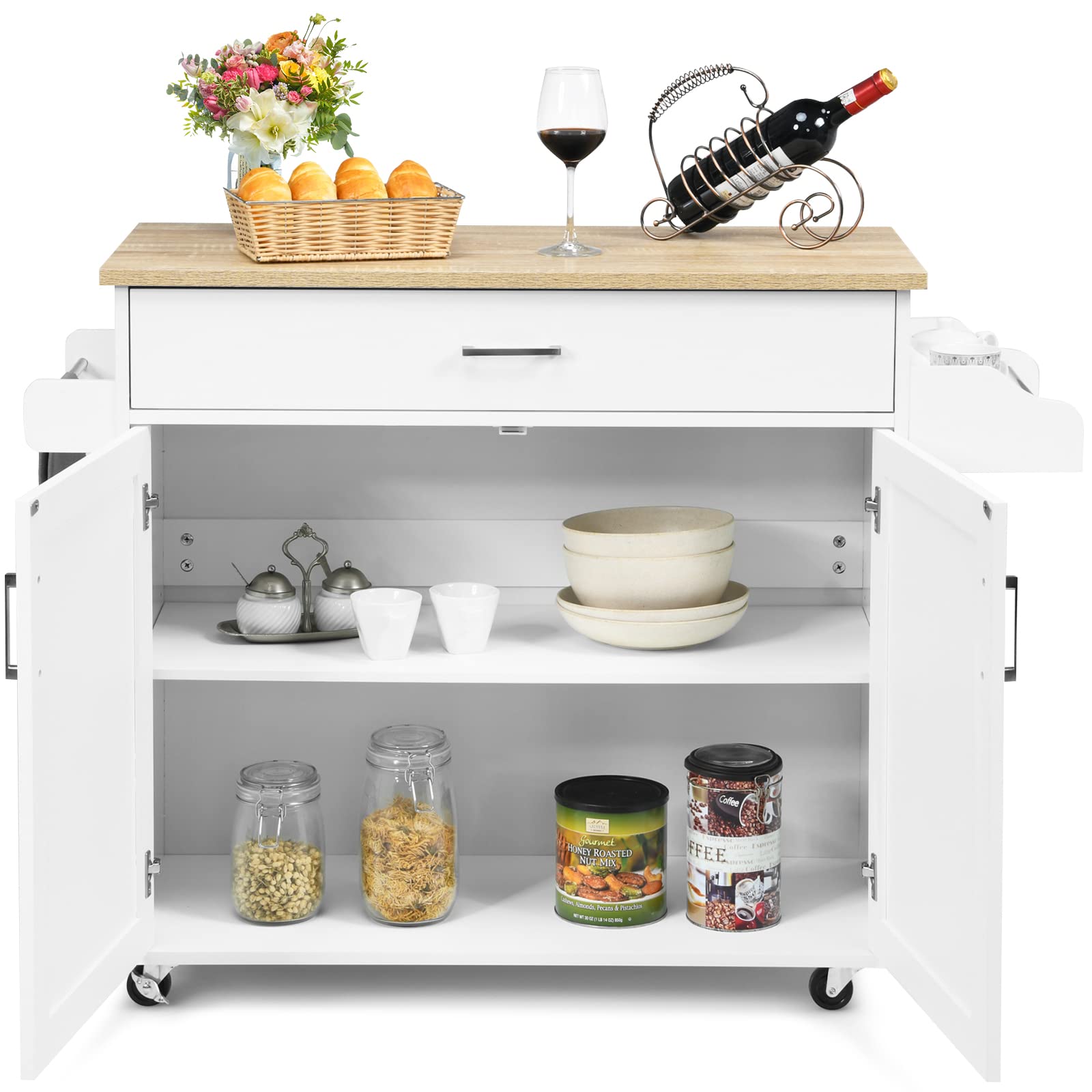 GIANTEX Desserte à roulettes avec Plan de Travail 90 x 40 cm, Desserte de Cuisine avec Grand Tiroir et Armoire à 2 Portes, Porte-Épices et Porte-Serviettes,116 x 40 x 85 cm (Blanc)