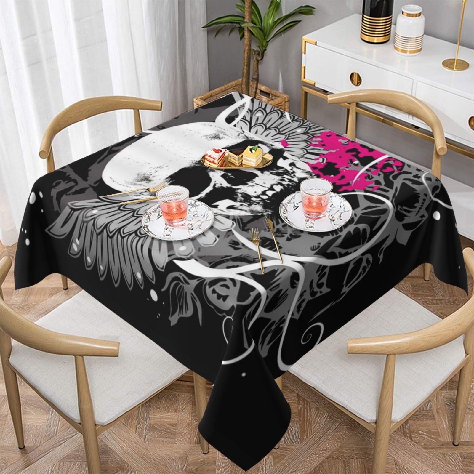 DCEHGEW Sugar Skull and Wings Prints Square Tablecloth 152x152 CM, Waterproof Fabric Table Cloth for Dining Table, Farmhouse Table Cover for Kitchen Dining Tabletop Decoration