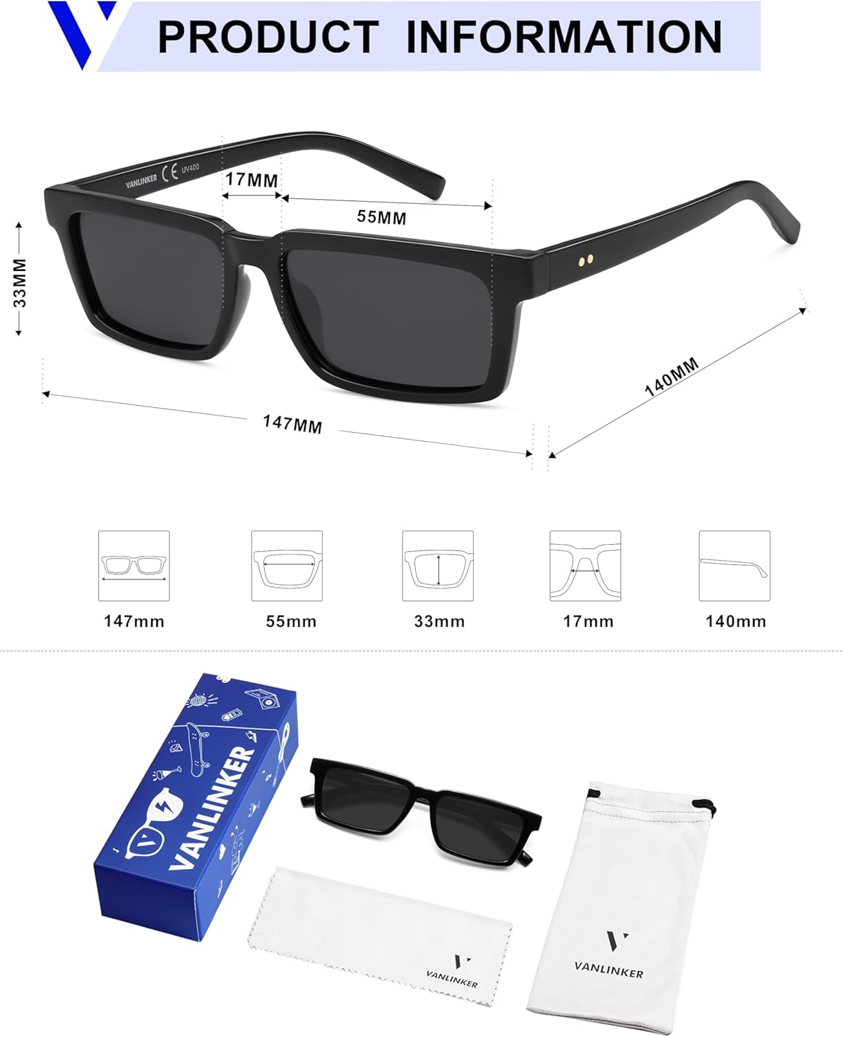 VANLINKER Retro Rectangular Polarized Sunglasses for Women Men Trendy Small Chic 80s 90s Square Sun Glasses VL9877 - Image 5