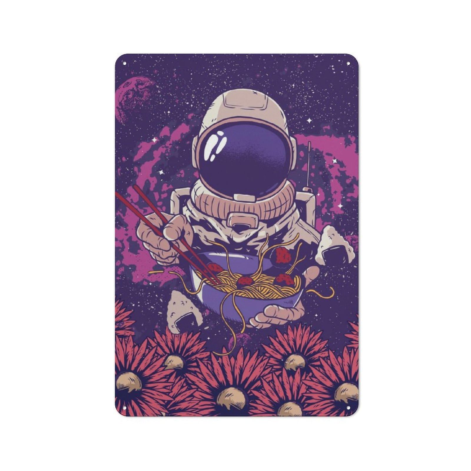 Junmoney Vaporwave Ramen Astronaut Decorative Tin Sign 30X20cm, Country Country Wall Plaque For Dining Room, Cafe, Entryway Or Family Room