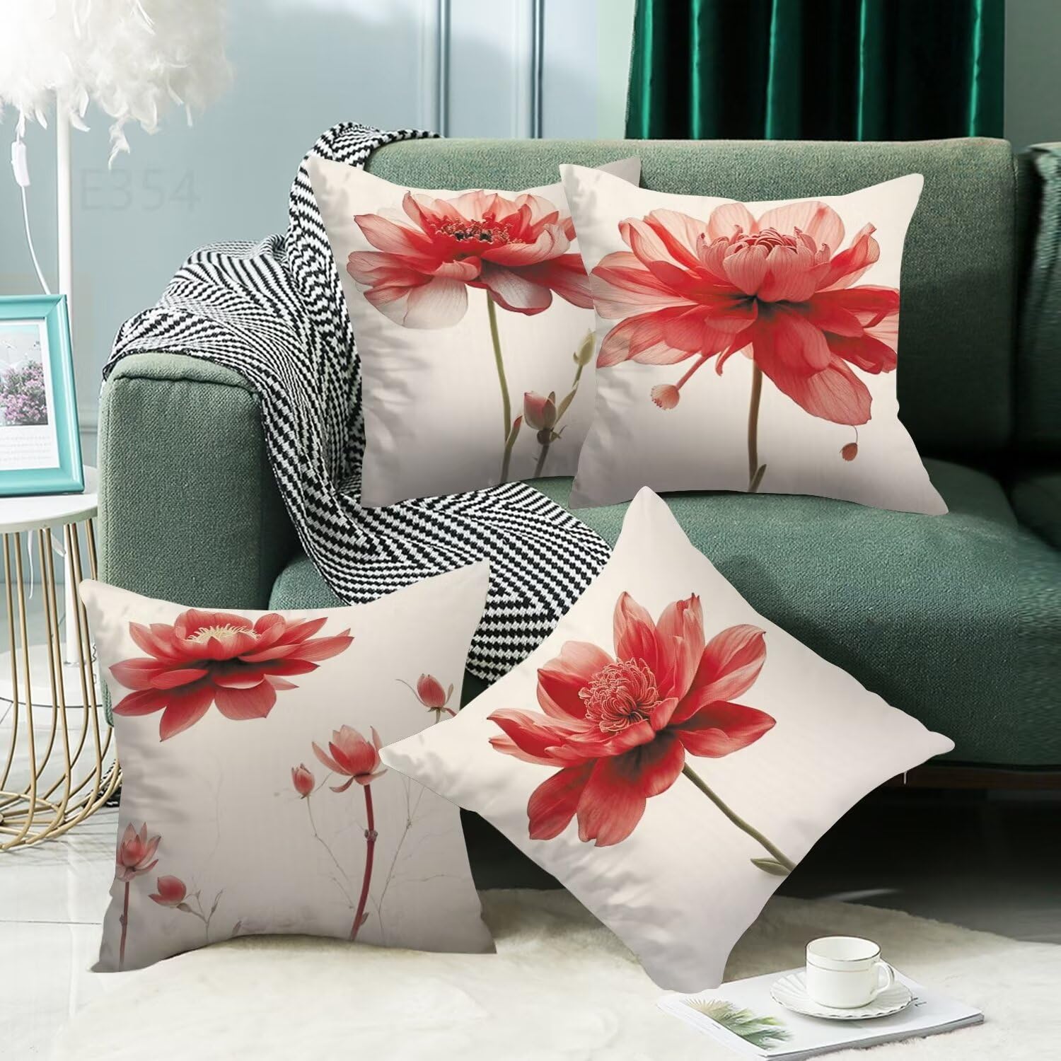 Set di 4 Cuscini per Divano in Lino,Quadrato Doppio Lato Rosso Federe Cuscini Divano,45x45cm Esterno Impermeabile Cuscino,per Moderno Patio Esterno Giardino Soggiorno Decorazioni (Papavero) LY-354