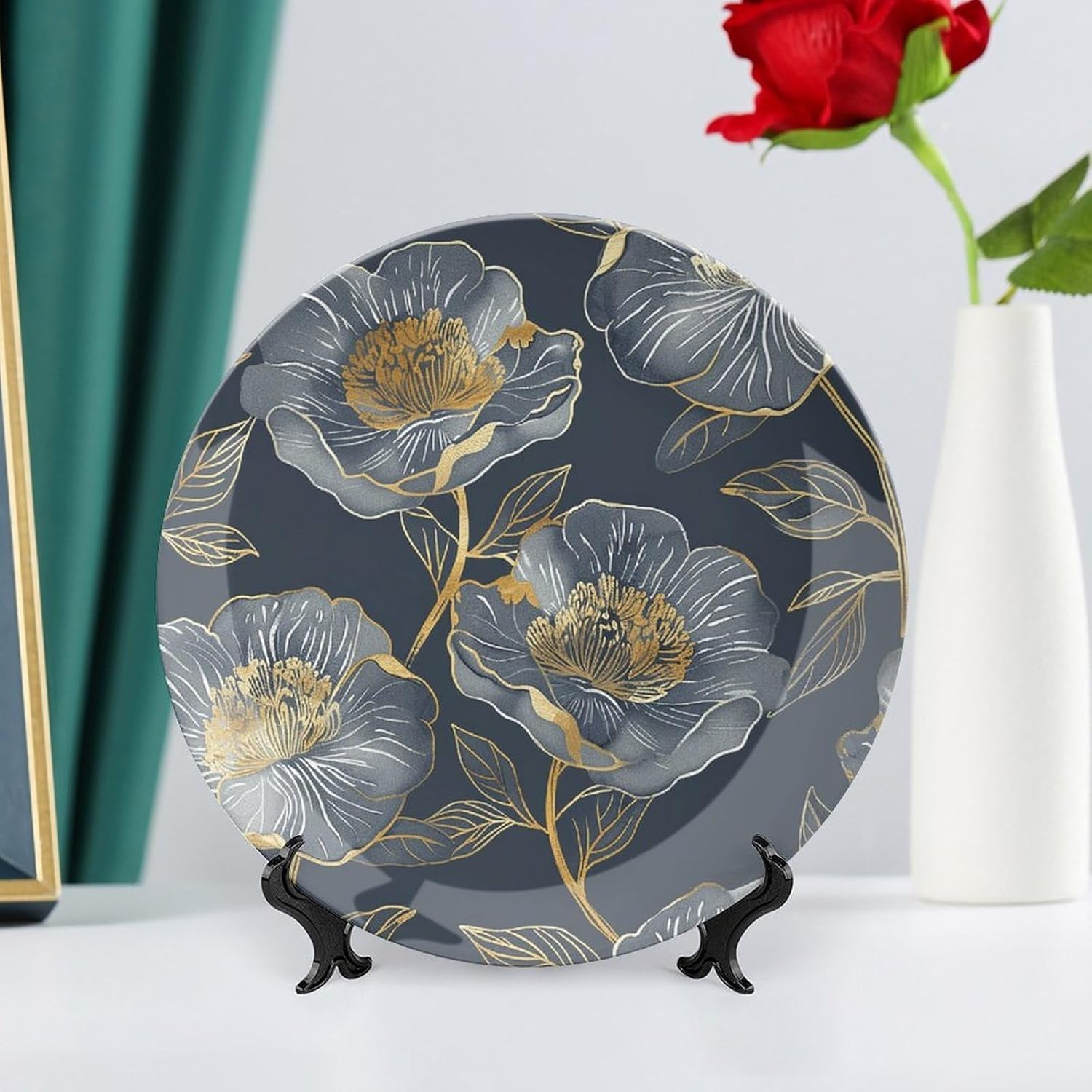 Bone China Decorative Plates Gray And Gold Ceramic Decorative Plate Wall Decor with Display Stand Ceramic Ornaments for Wall Hanging Decoration