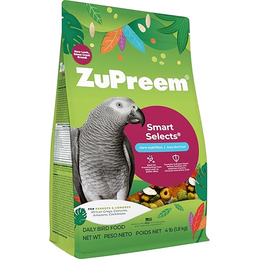 ZuPreem Smart Selects Daily Bird Food for Parrot, Conure, Caique, African Grey, Eclectus, Small Cockatoo, Bird Pellets and Seed Blend, Nutrition for Medium Large Birds, Parrot Food (ML, 4 lbs)