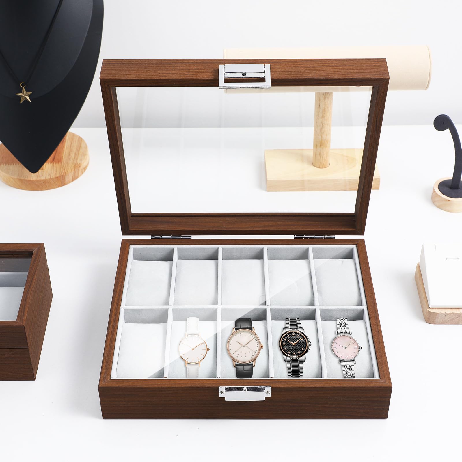 Angoily Caja para Relojes de Madera con Ventana Transparente y Terciopelo, Organizador Vintage para Coleccionistas y Entusiastas de Relojes con Capacidad