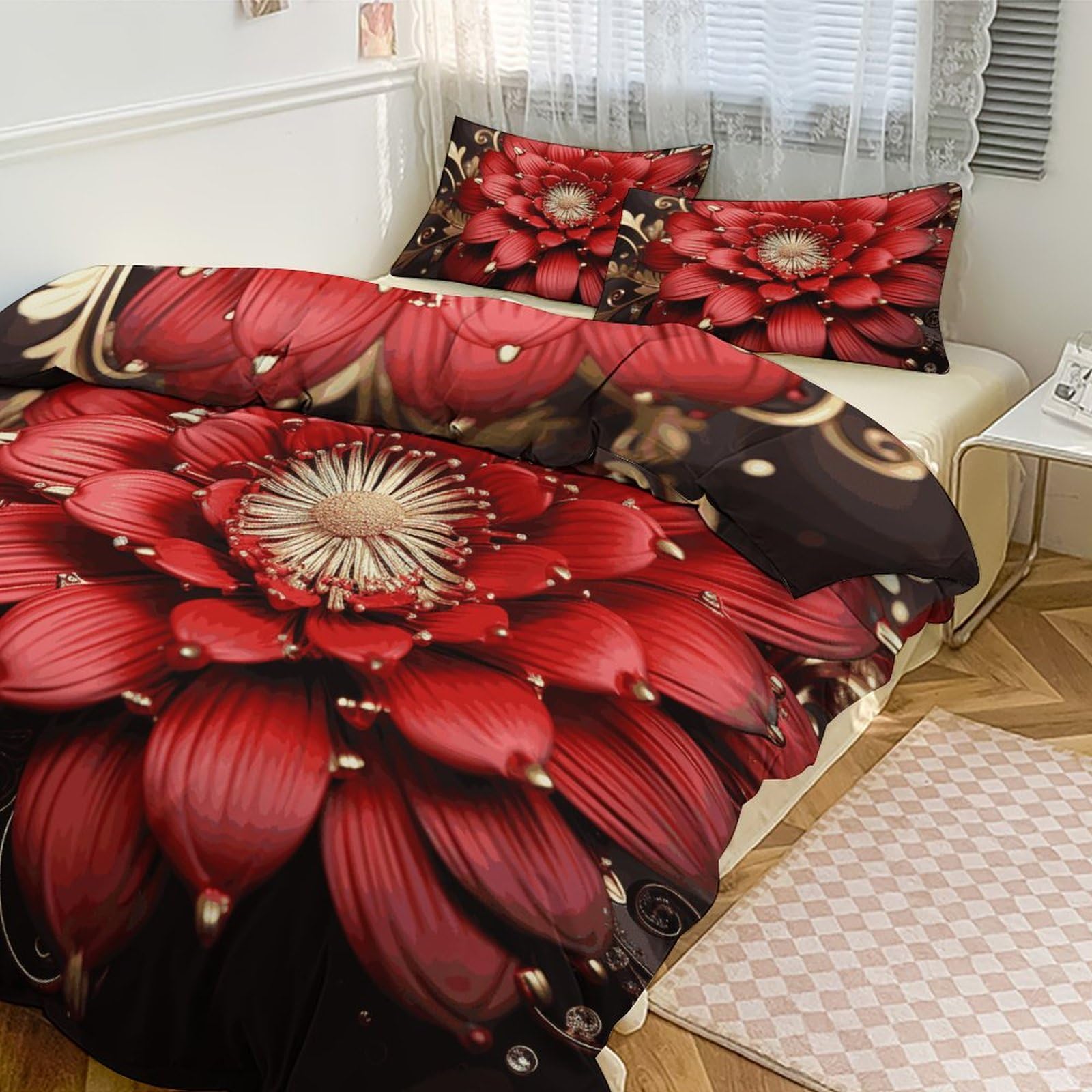 Parure de lit 3 pièces imprimé de fleurs rouges pour chambre accueillante