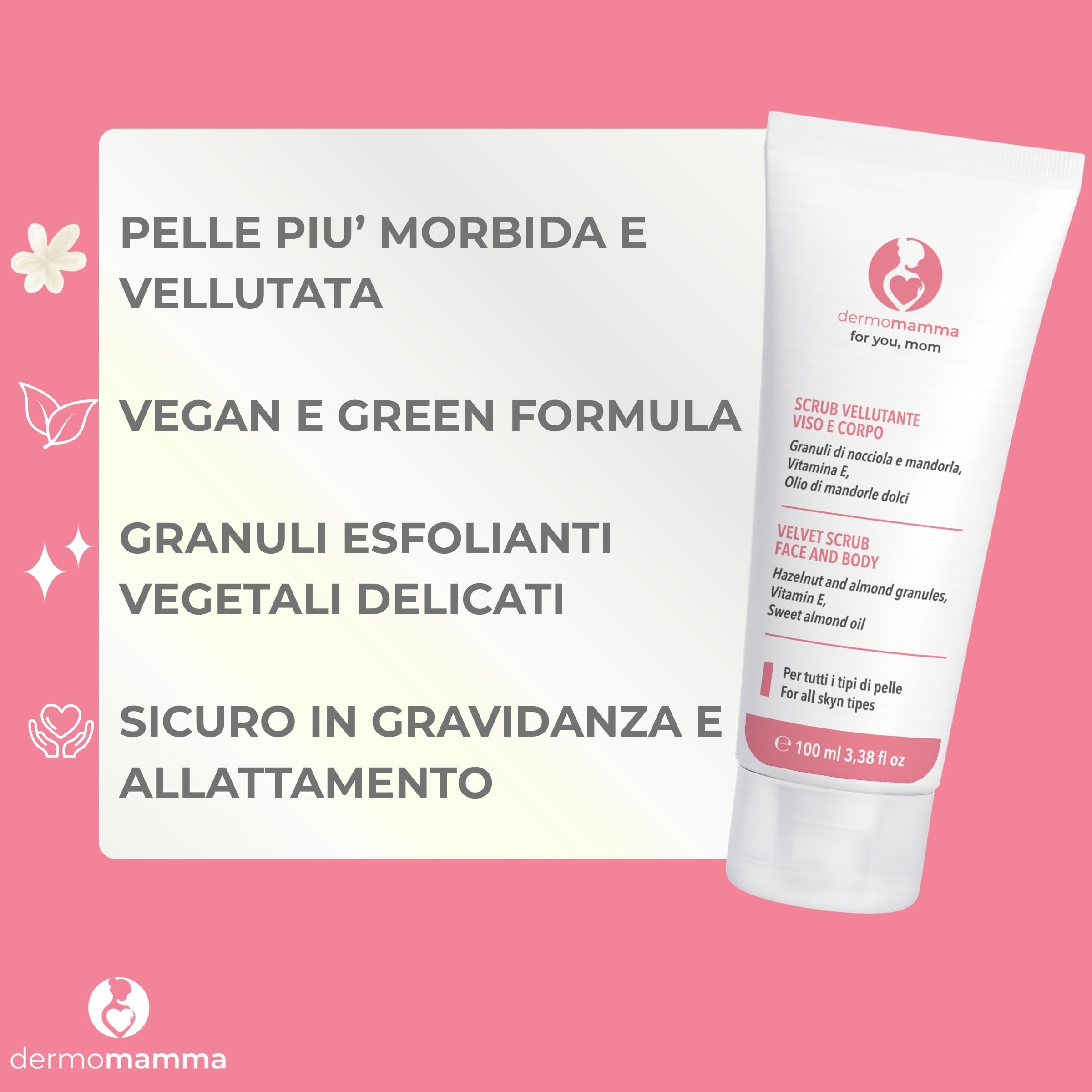 Scrub Vellutante Viso-Corpo, Azione Rigenerante, Stimola il Turn-over cellulare, Vegan e Green Formula, Indicato in Gravidanza e Allattamento, 100 ml.