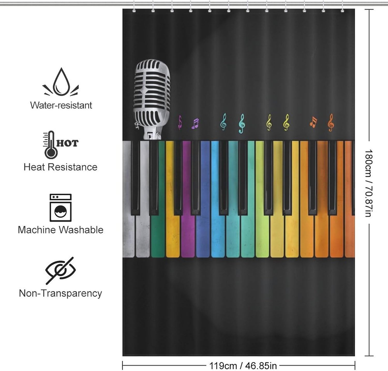 Music Note Microphone Print Shower Curtain 46.85x70.87Inch（119x180cm） Polyester Bath Curtain Shower Curtains Printed Decorative