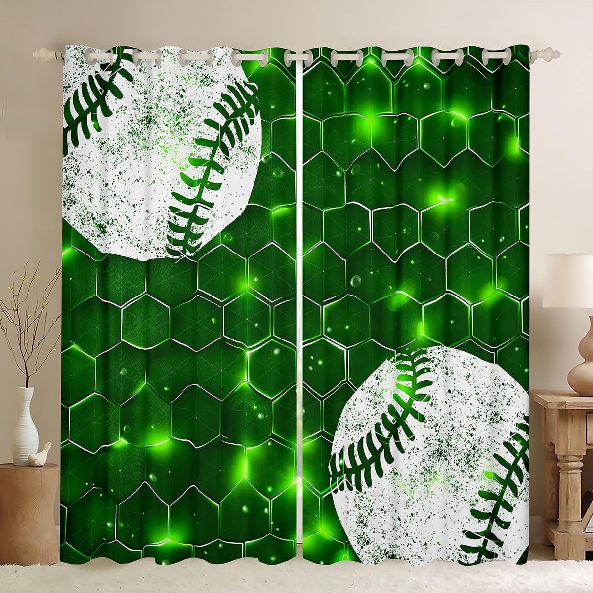 Vintage Baseball Window Curtain,Green Geometric Hexagon Curtains for Kids Boys Men Teens Home Room Decor,Neon Style Ball Games Window Drapes,Ball Sports Window Treatment Curtain,2 Panels,38Wx45L