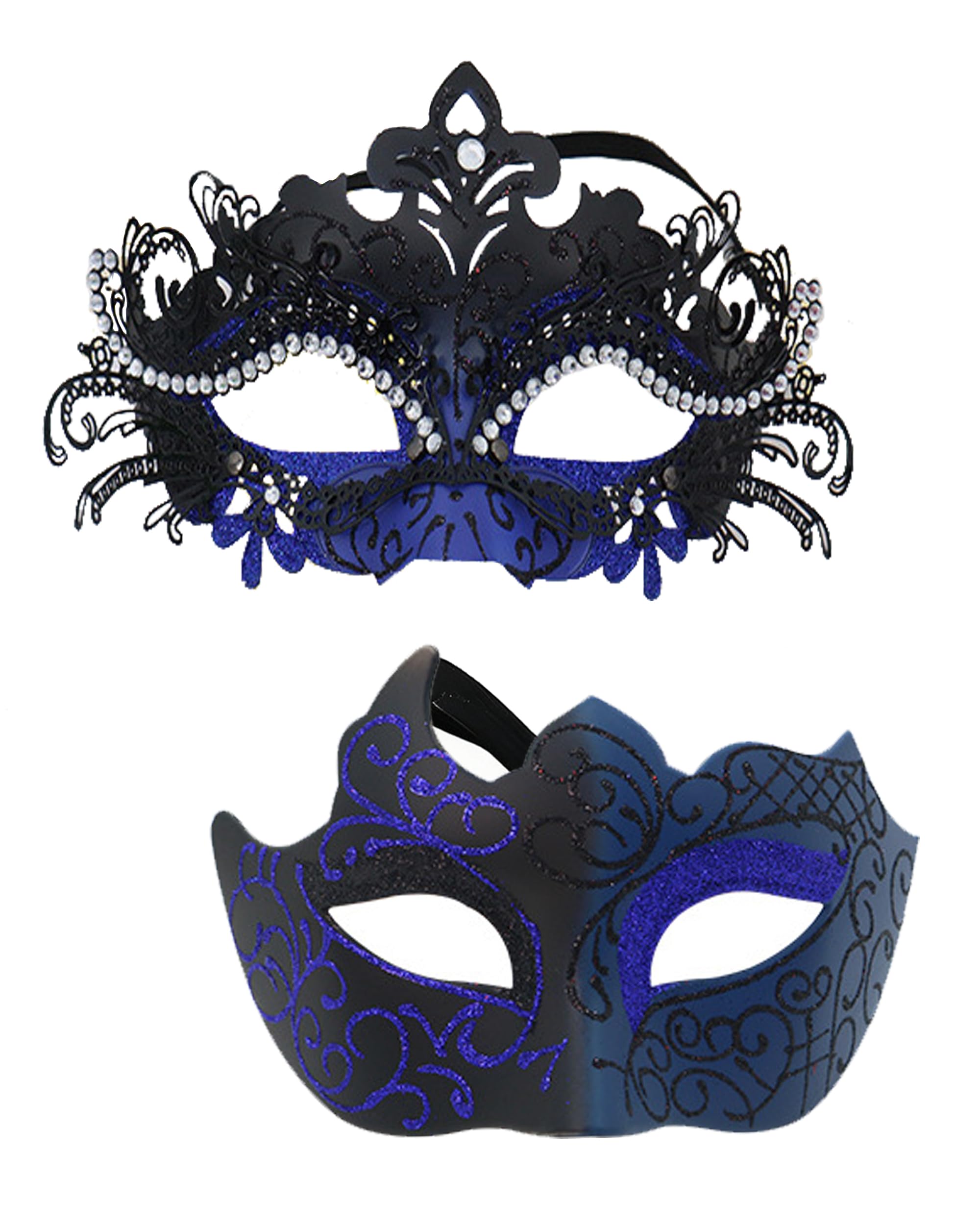 HeHeGe Couple Masquerade Masks with Shiny Rhinestone Venetian Party Mask Halloween Costume Carnival Mask New Year Party Christmas for Couples Women and Men (Blue)