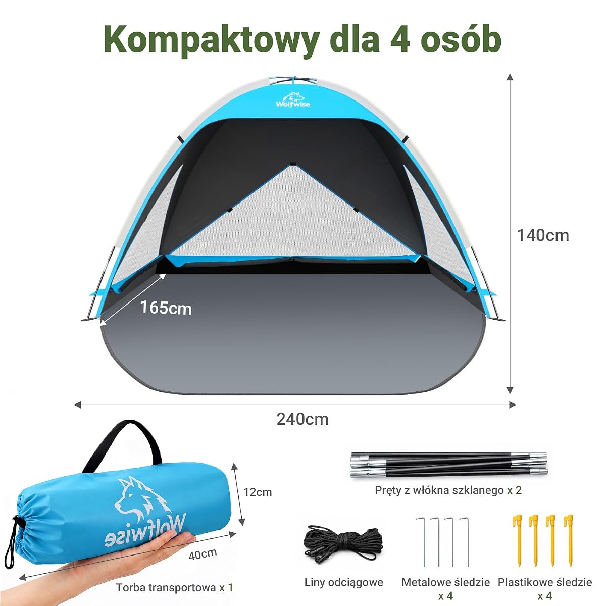 Wolfwise Strandtält UPF 50+ Dla Rodziny, Ochrona Przed Promieniowaniem UV z 3 Wentylowanymi Oknami, Wysuwaną Podłogą i Torbą Transportową, Pojemność 4 Osoby, Ciemnoniebieski