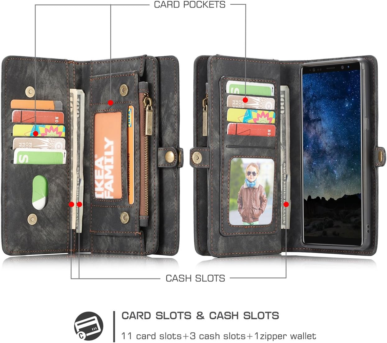 Galaxy Note 9 Wallet Case,AKHVRS Handmade Premium Cowhide Leather Wallet Case,Zipper Wallet Case [Magnetic Closure]Detachable Magnetic Case & Card Slots for Samsung Galaxy Note 9 - Black