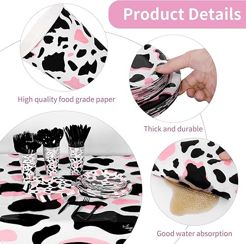 Miniatura 4 de durony 198 piezas de vajilla de fiesta con estampado de vaca rosa, incluyendo platos de fiesta de vaca rosa vaquera, cucharas, tenedores, cuchillos,