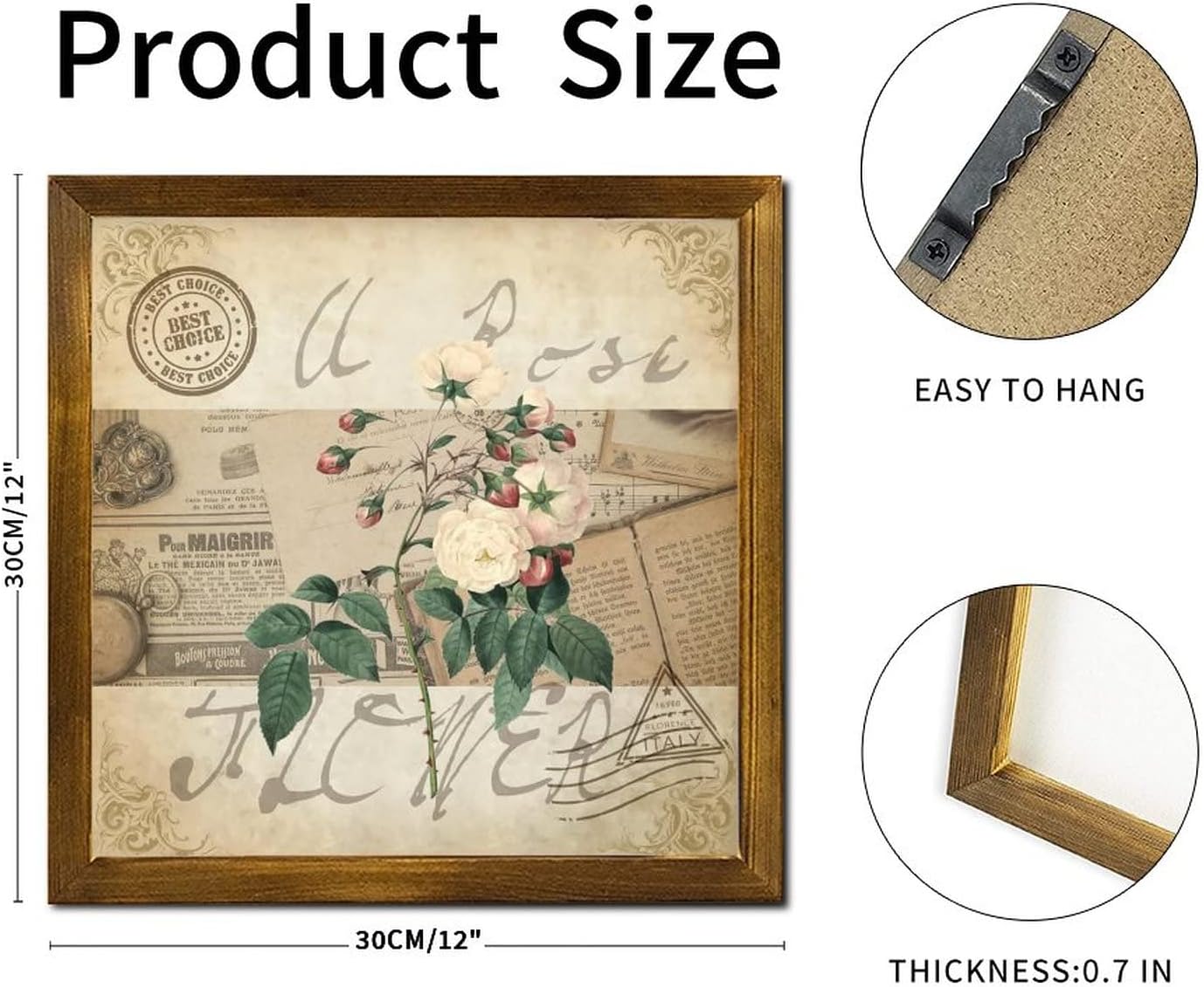 Vintage French Rose Flower Framed Wooden Sign Retro Newspaper Music Note Wooden Art Wall Farmhouse Botanical Artwork Wood Home Wall Decoration for Living Room Bedroom Front Door Office 12x12 inch