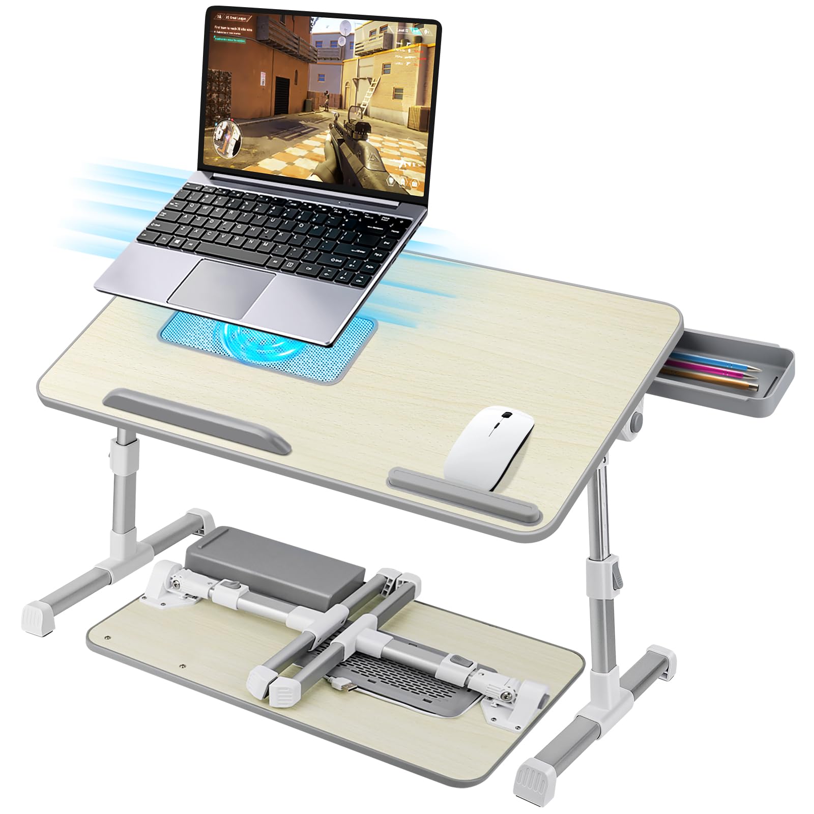 Mesa Cama, Mesa Ordenador Portatil Regulable en Altura y Ángulo, Mesa Plegable con Ventilador para Portatil y Cajón, para Cama, Sofa, Suelo (53 x 30 cm, Beige)
