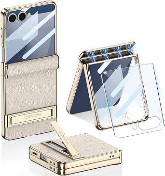 Leather Case for Samsung Galaxy Z Flip 7 with Invisible Kickstand and Built-in Screen Protector & Magnetic Hinge Protection, Luxury Plating PU Leather Shockproof Cover for Samsung Z Flip 7Beige