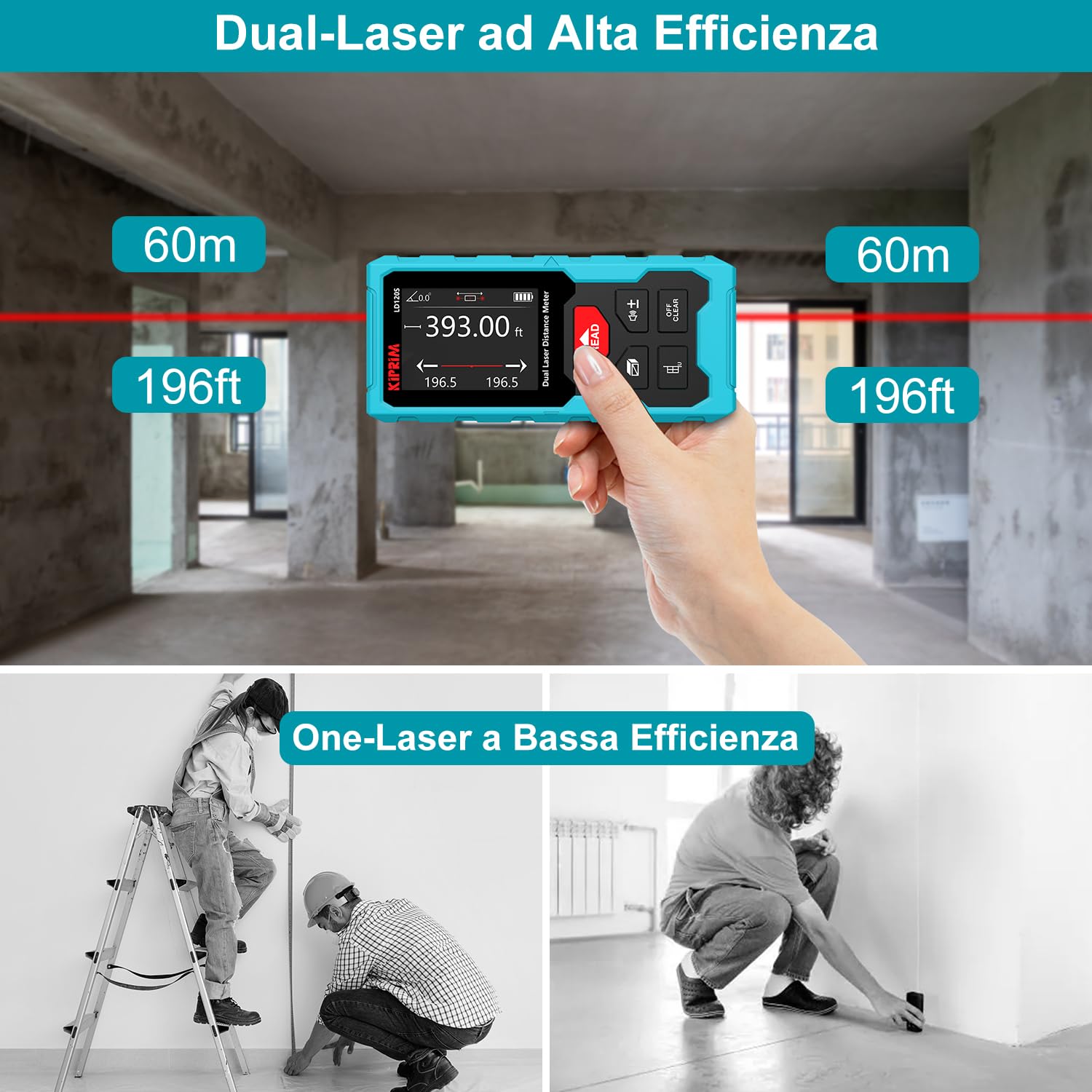 Kiprim Doppio Metro Laser 120M, Livella Elettronica, Misurazioni Precise e Funzione Pitagora - Ideale per Lavori di Costruzione, Bricolage e Ristrutturazione