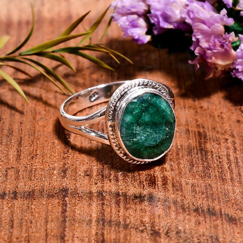 Women's Ring Sterling Silver Oval Cabochon Corundum Emerald Engagement Ring Solitiare Vintage Handmade Dainty Ring Anniversary Wedding Promise Ring Boho Everyday Wear H-SR58-17 image 3