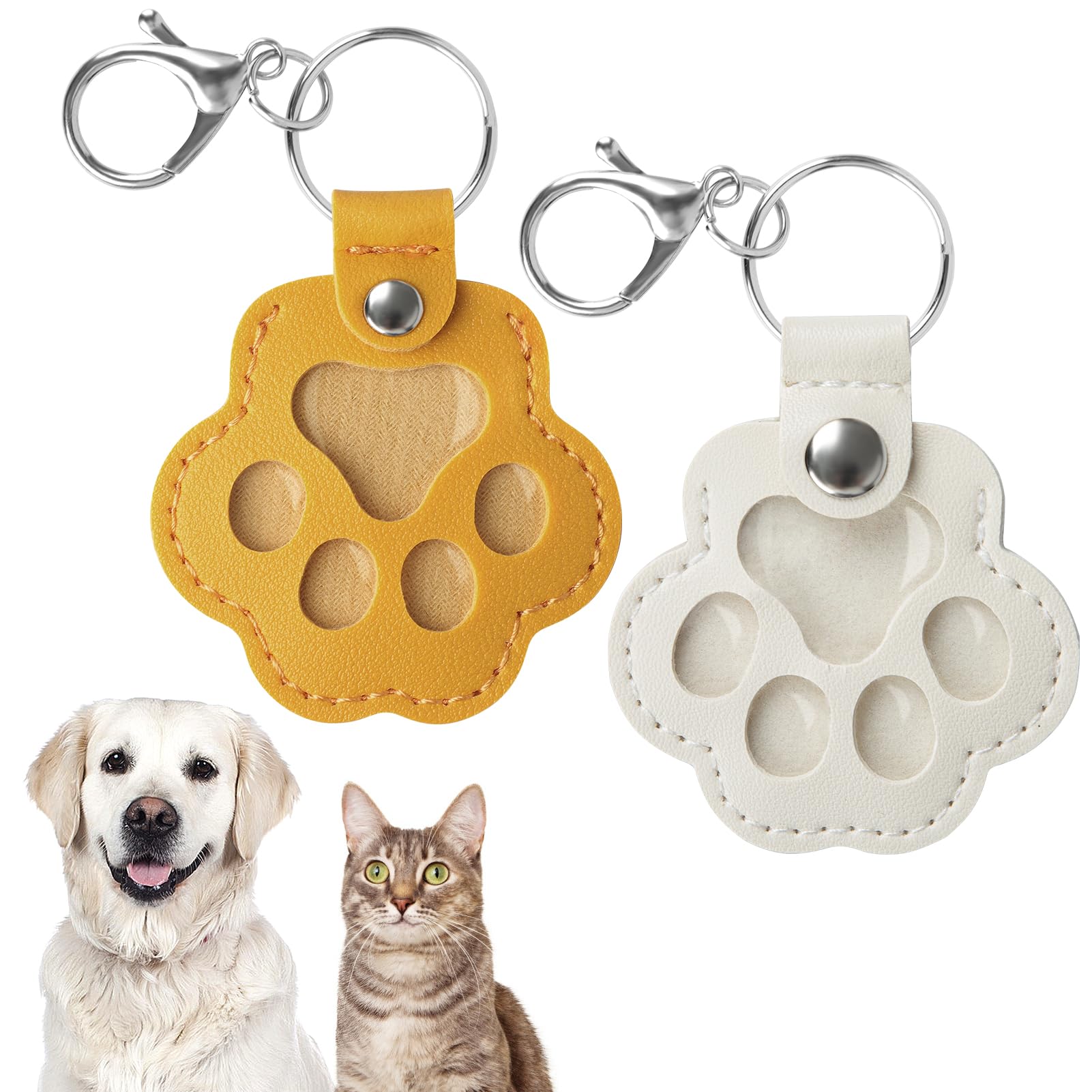 Kiiwah 2 Pcs Pet Fur Keepsake for Dog Cat, Paw-shaped Keyrings Pets Hair Collector Keychains Cute, Memorial Bereavement Gifts for Dog Cat Lover (Yellow+White)