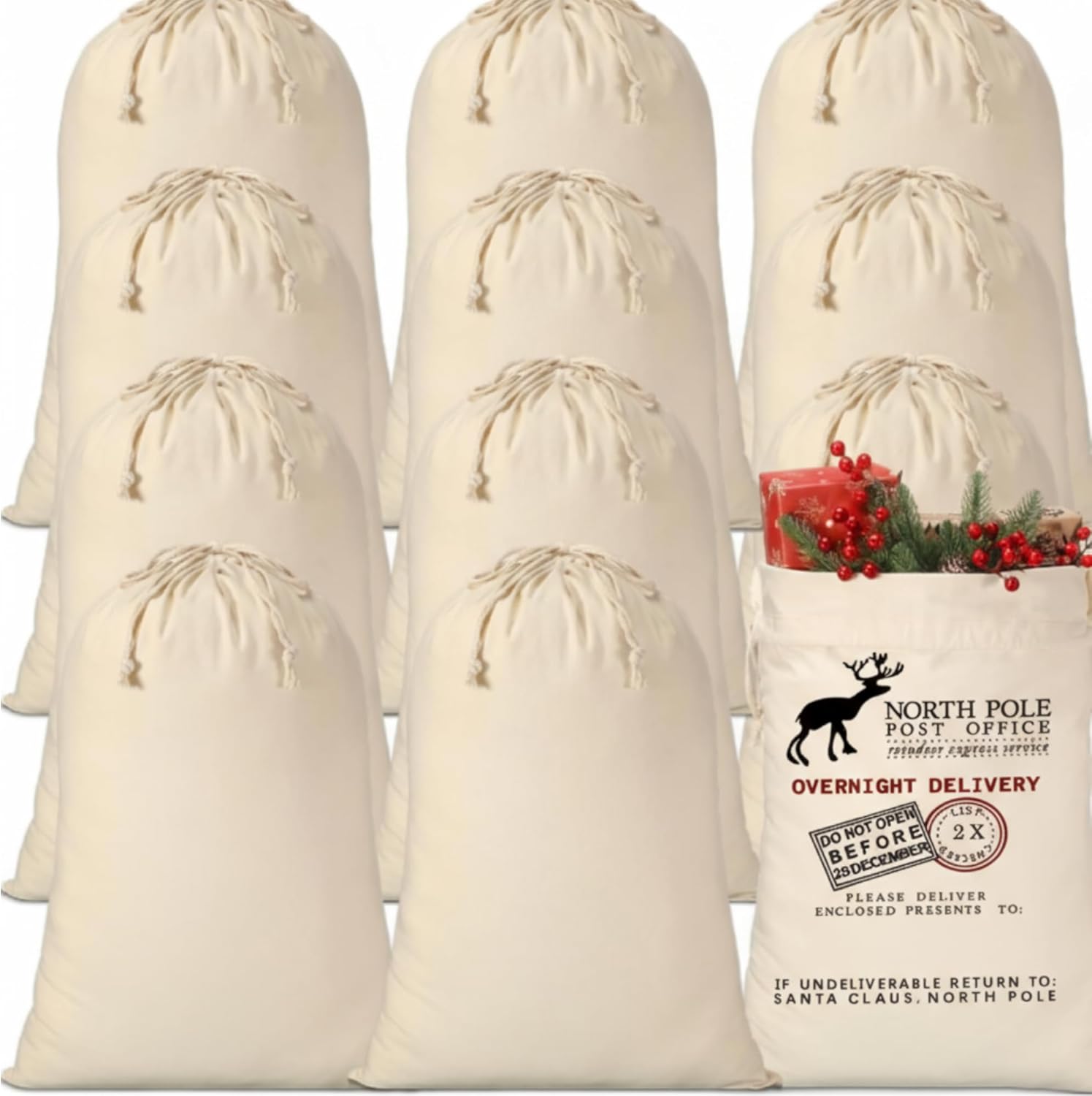 Abbylike 12 Pcs Santa Sublimation Blank Christmas Sacks with Drawstring Large Christmas Natural Cotton Heavy Duty Sack Laundry Bags for Xmas Gift Giving Sublimation Drawstring Bags 18.9 x 26.8 Inch - Image 8