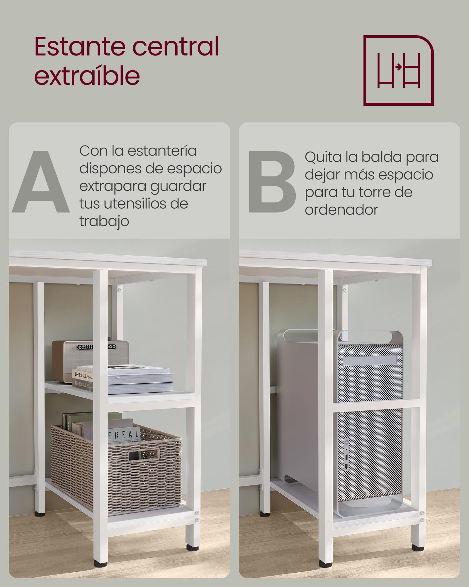 VASAGLE Escritorio, Mesa de Ordenador en Forma de L, 138 x 138 x 76 cm, Esquina con 2 Estantes, Ahorra Espacio, para Oficina Casa, Juegos, Blanco Arce LWD072W44