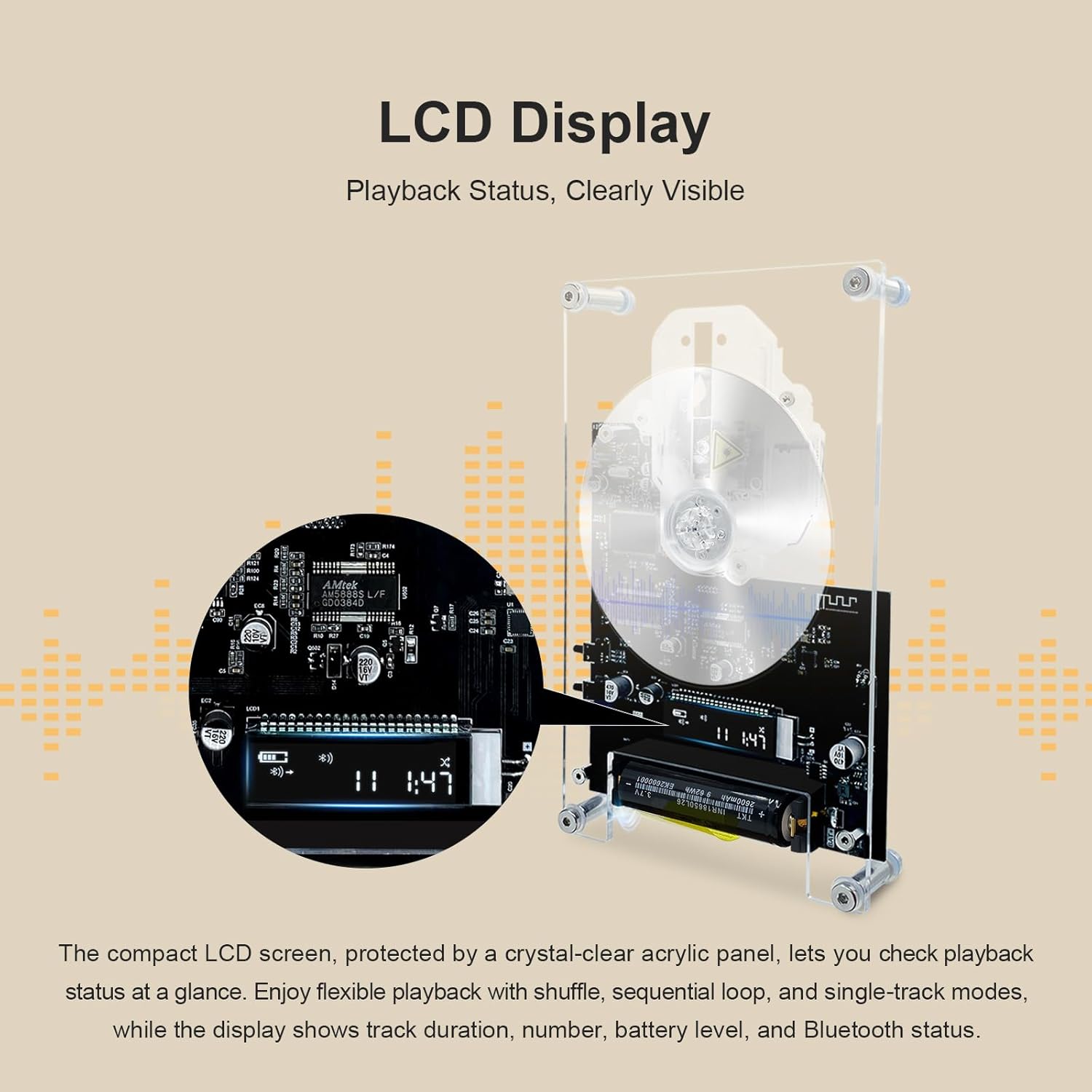 Vintage Wood Texture Frame CD Player,Log Texture,Vintage Futuristic Design,Wireless Pairing,4 Hours Battery Life,USB-C Charging Port,Desktop or Wall Mount,Gifts for All Occasions(No CD & Speaker)