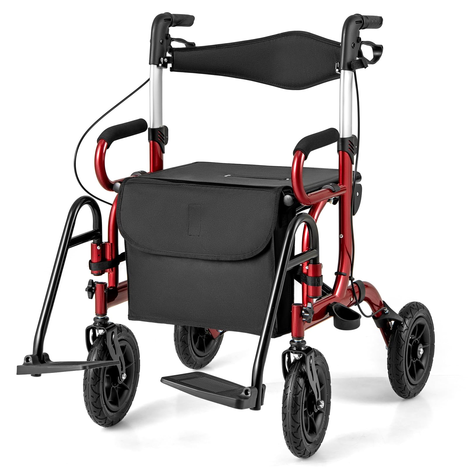 GYMAX 2 in 1 Deambulatore, Sedia a Rotelle in Alluminio Leggero con Altezza Regolabile, Pneumatici Gonfiabili per Vari Terreni, Pieghevole per Anziani/Disabili (Rosso)