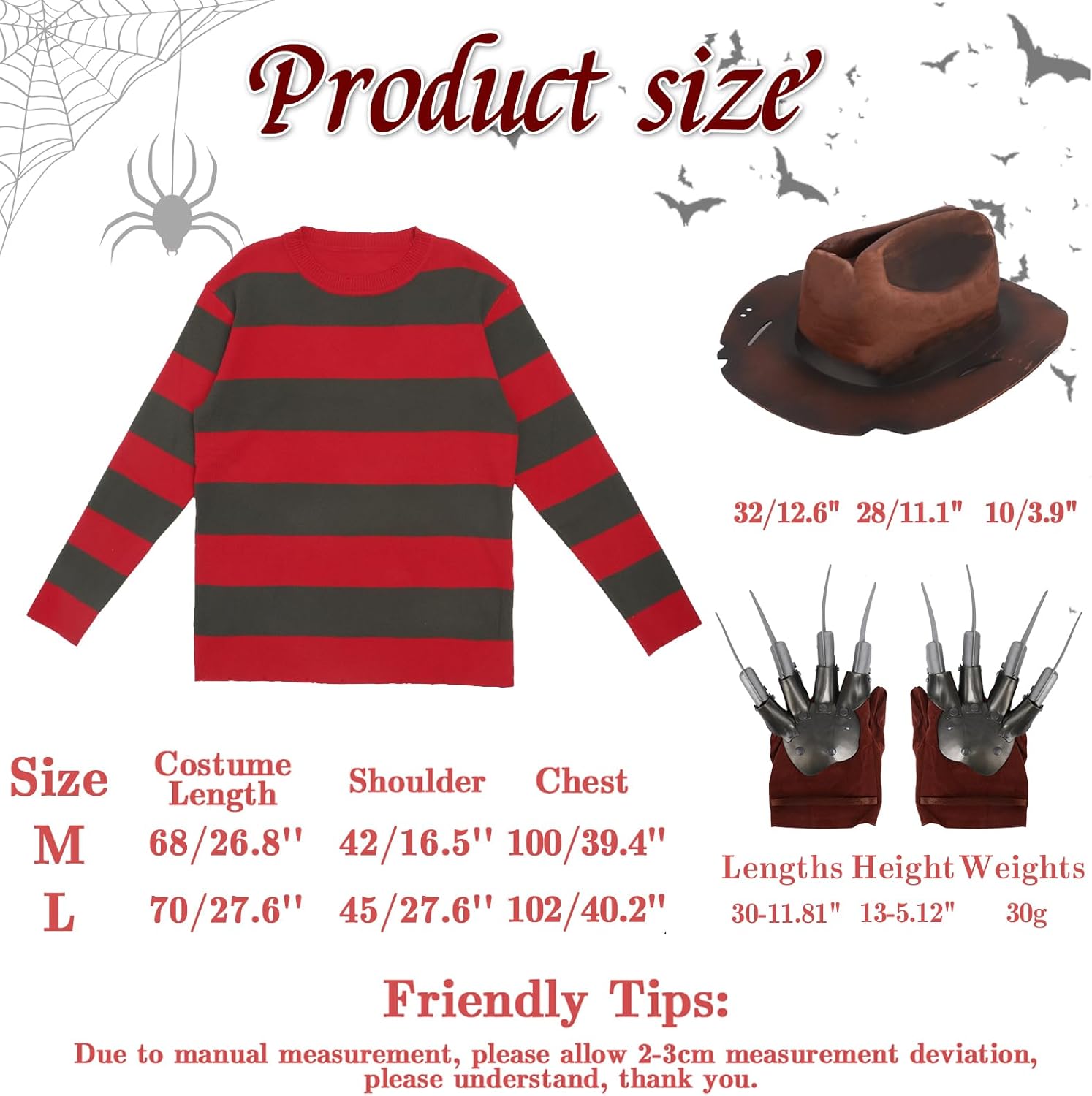 Adult Scary Halloween Killer Costume Nightmare Killer Costume Halloween Cosplay Outfits with Claw Glove Hat - Image 3