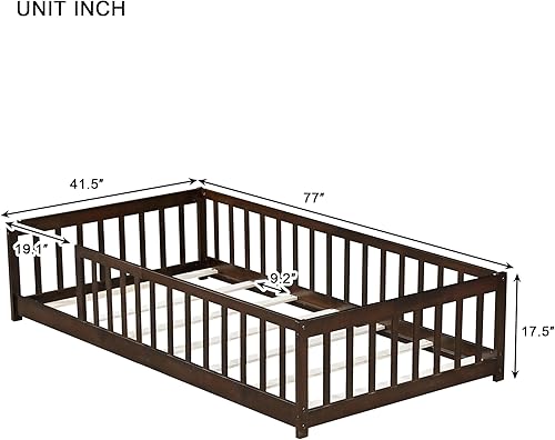 Miniatura 131 de Harper & Bright Designs Cama de suelo tamaño Queen con valla y puerta, marco de cama Montessori de madera para niños, niñas, listones incluidos, no