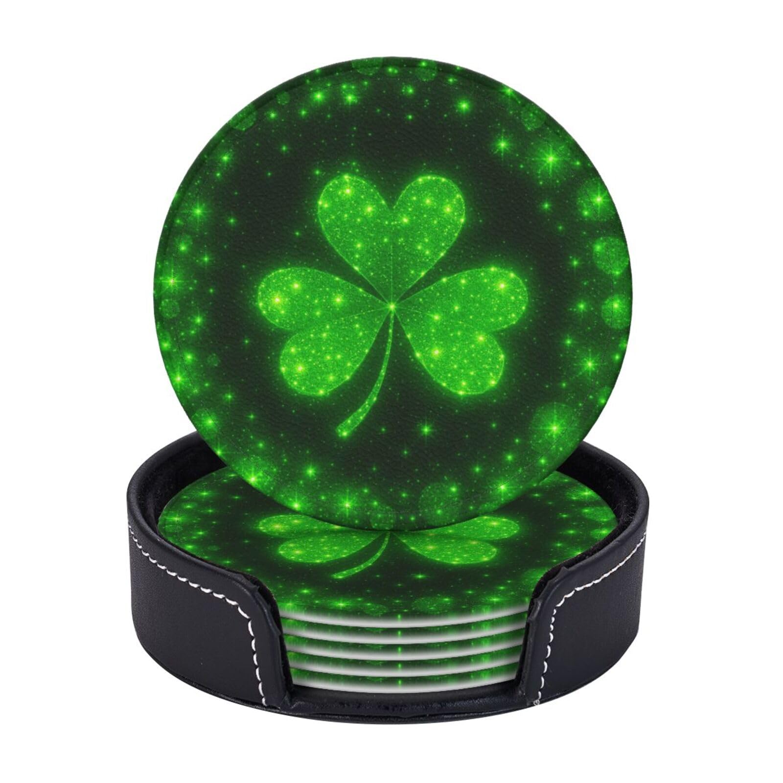 6 Pack St. Patrick's Day Shamrock Leather Coasters with Holder–Irish Shamrock Drink Coasters Set for Kitchen Dining Coffee Wine Office Bar Table Decor Round