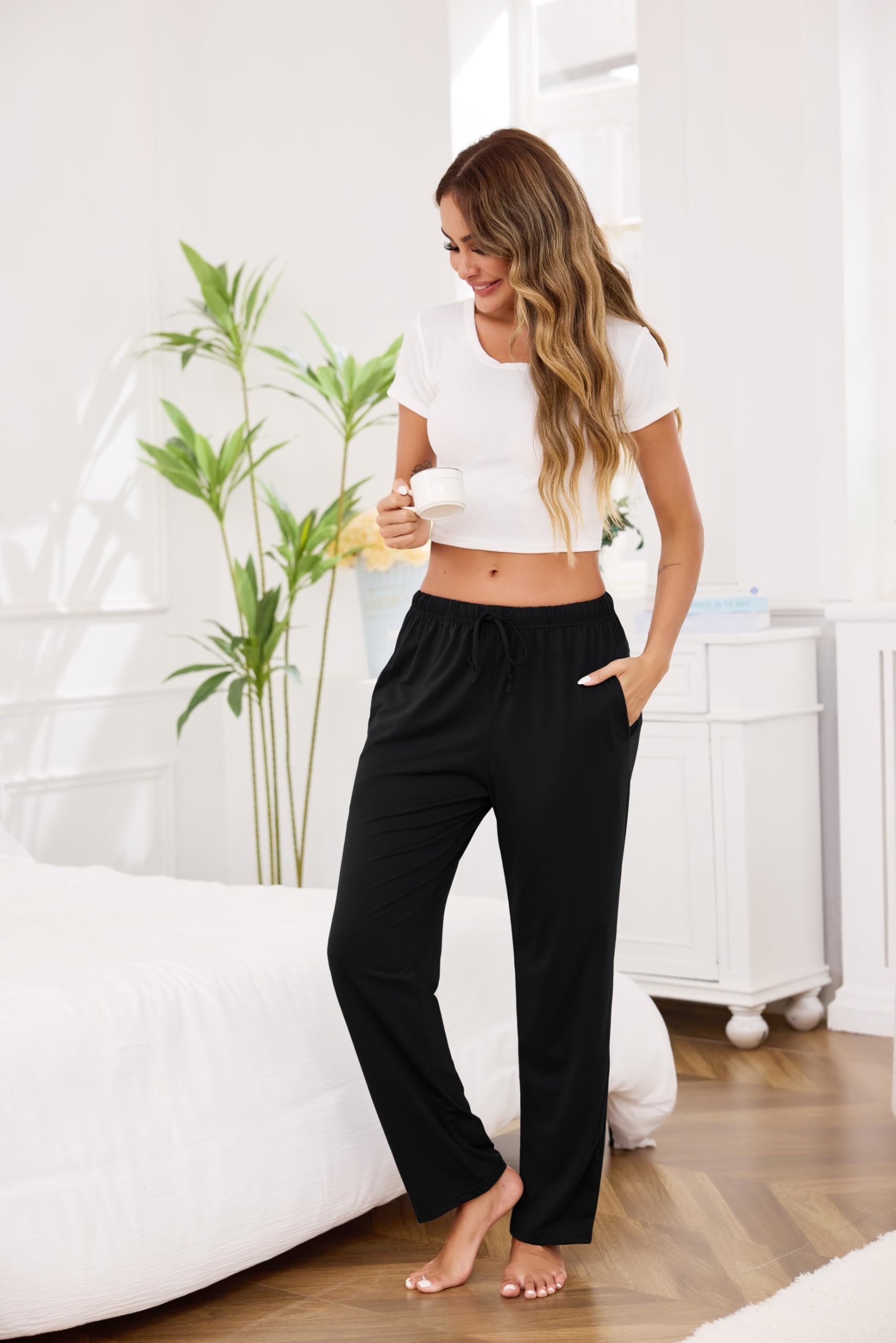 Vlazom Pantalon de Pyjama Femme Coton Bas de Pyjama à Taille Ajustable | Coton Doux et Respirant, Ceinture Élastique avec Cordon, Poches Pratiques, Coupe Droite Confortable