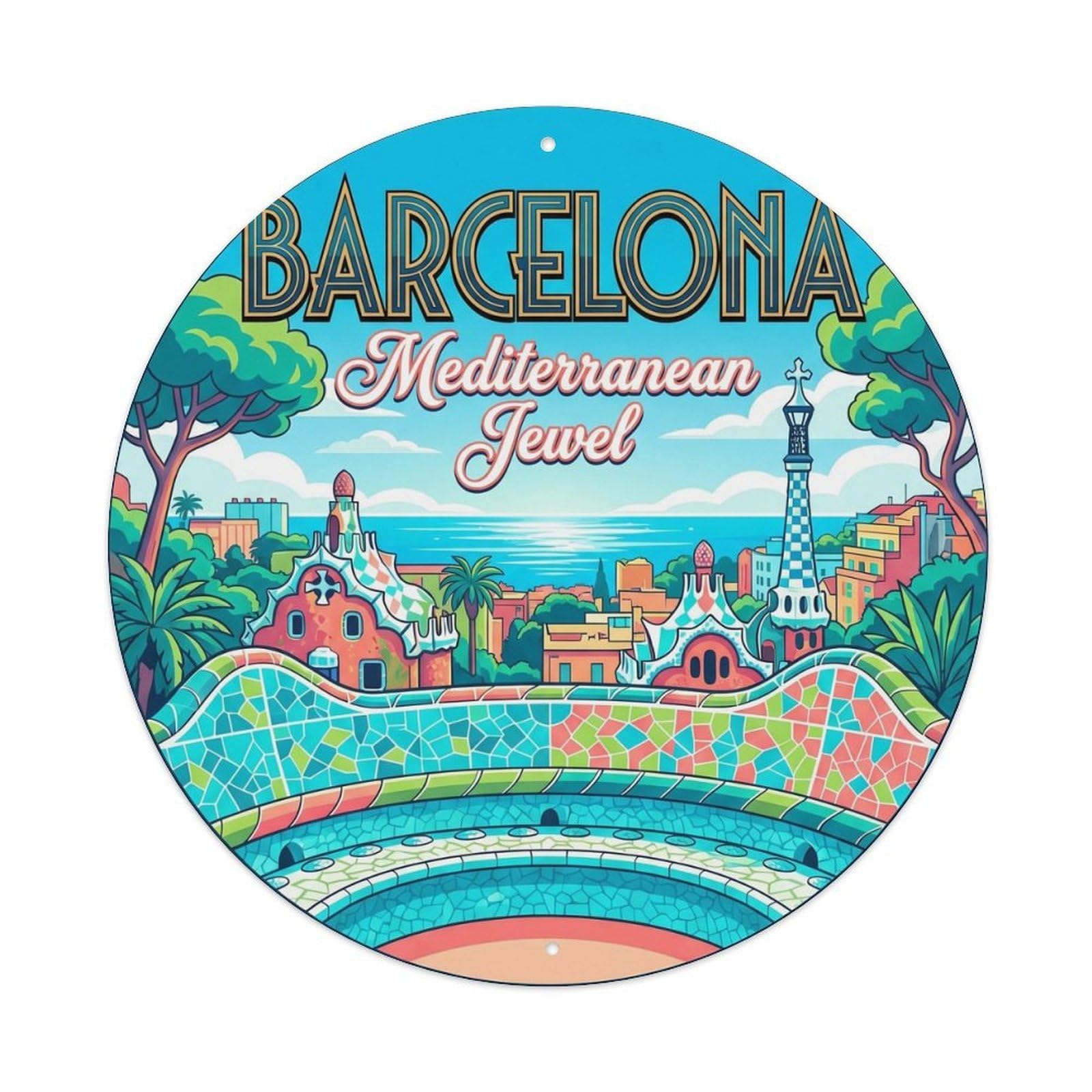 Coast Catalan Spain City Classic Destination Heritage Metal Tin Sign Plaque Wall Decor for Cafe, Man Cave, Club Bar, Office, Home Garden Round Metal Poster 8x8Inch