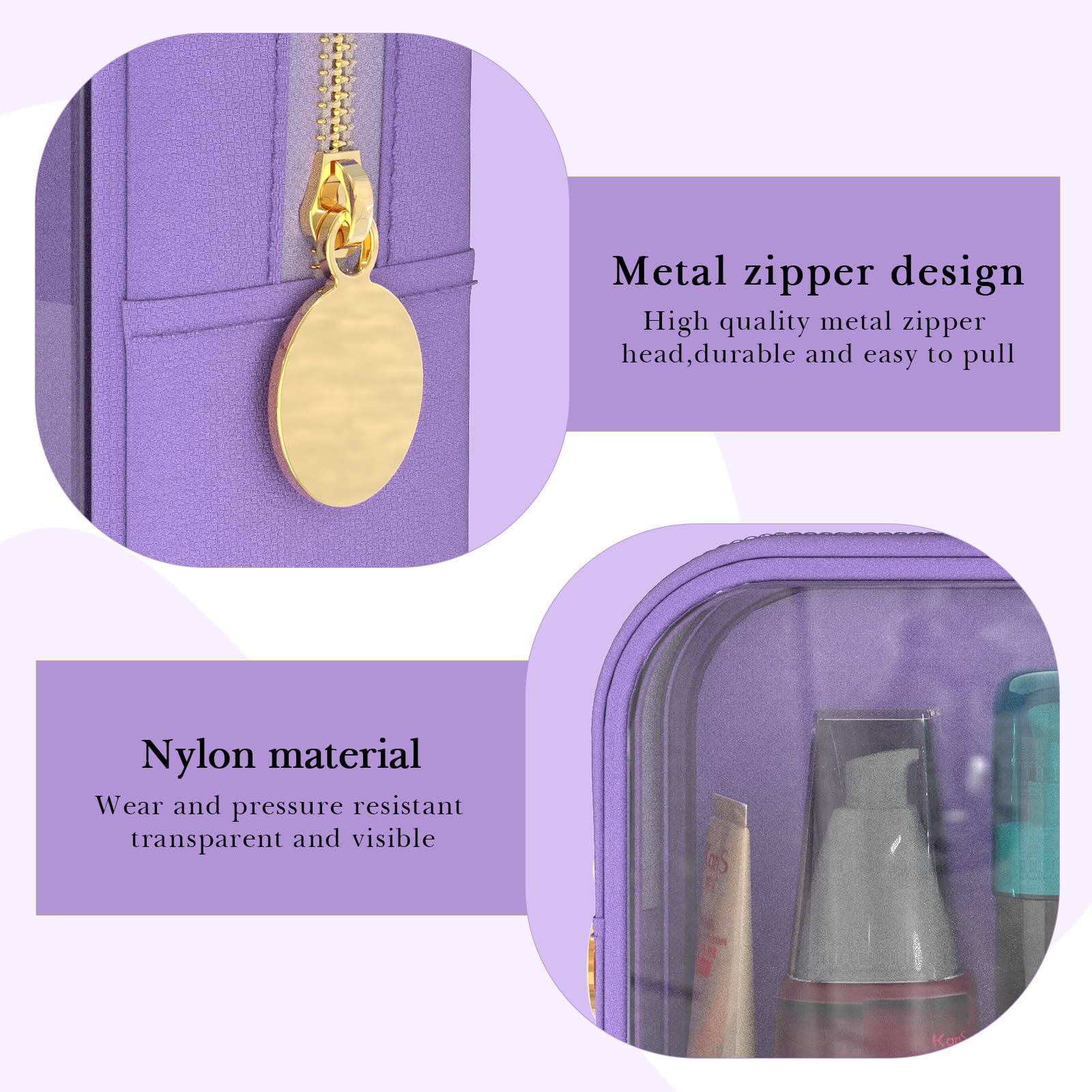 Adorila Clear Makeup Bag Set of 2, TSA Approved Waterproof Travel Cosmetic Bag, PVC Nylon Portable Makeup Organizer Bags for Women (Purple), Purple - Image 2