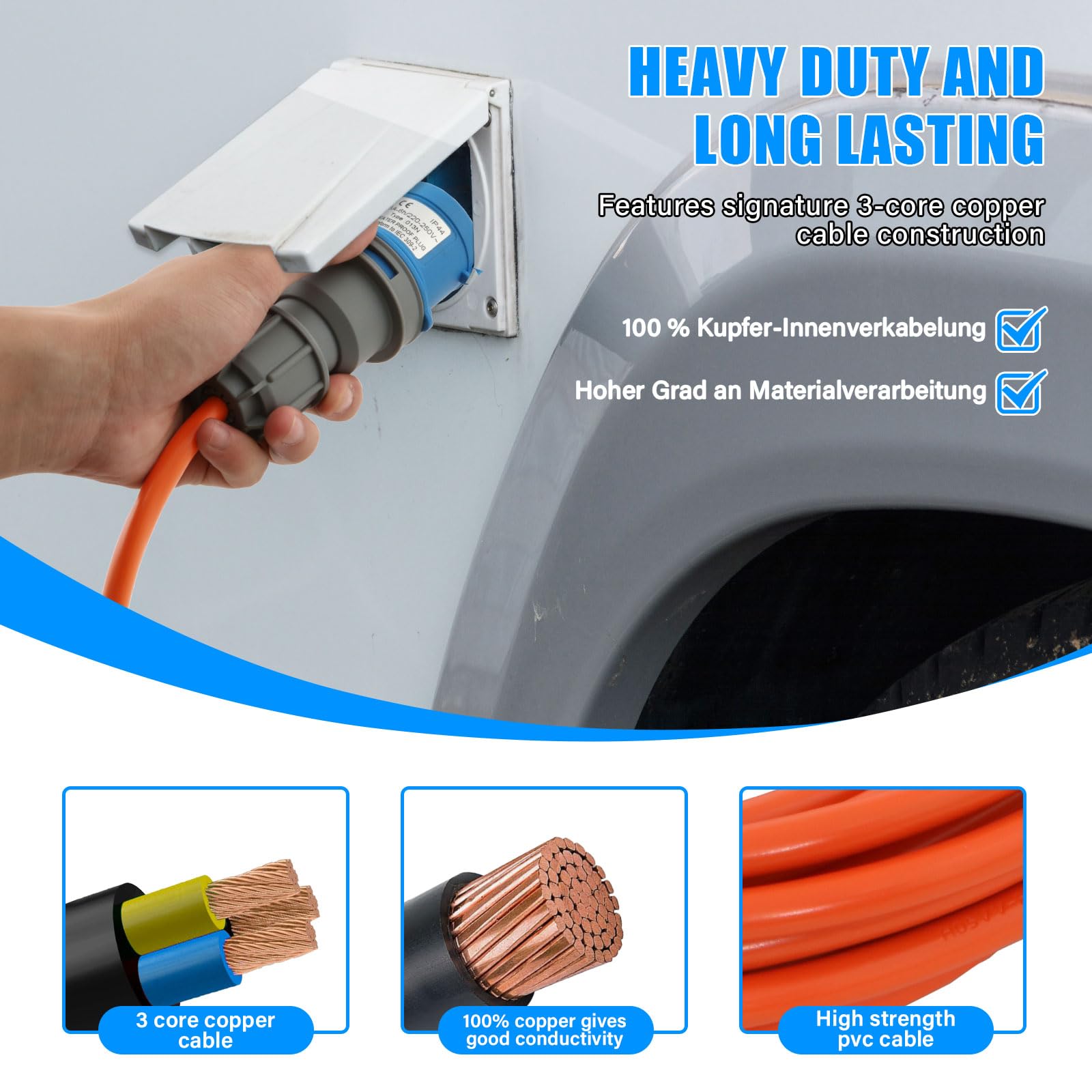 25m CEE Verlängerungskabel 16A, 240V Camping Kabel Orange, IP44 Außenbereich Stromkabel mit CEE Stecker, Robustes Wohnwagen Verlängerungskabel für Camping, Caravan und Outdoor