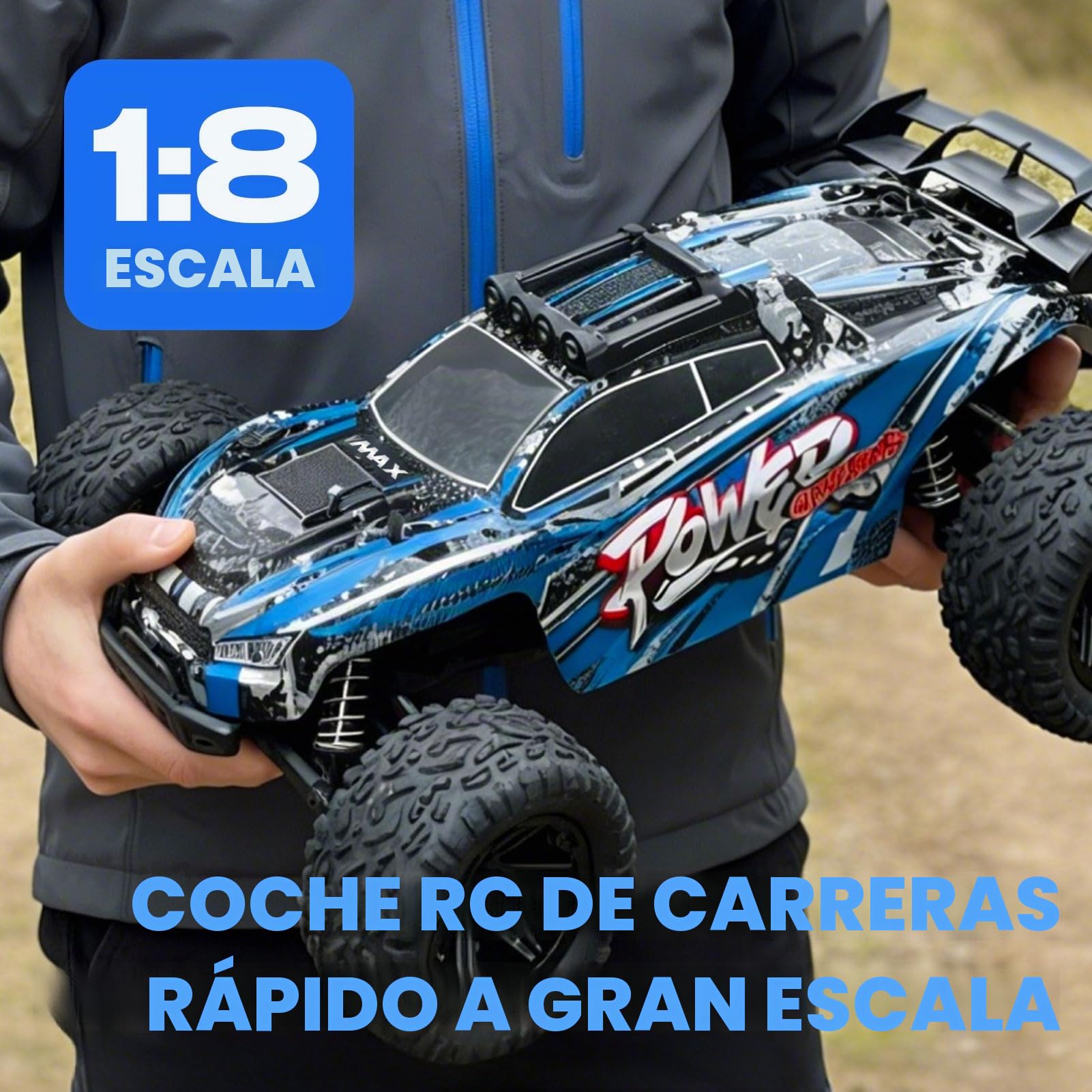 Coche Teledirigido 1:8 Alta Velocidad 50KM/H 2WD con 2 Baterías 40+Min, Motor RC550, Control Remoto 2.4GHz Proporcional, Todo Terreno con Luces LED, Regalo para Niños y Adultos