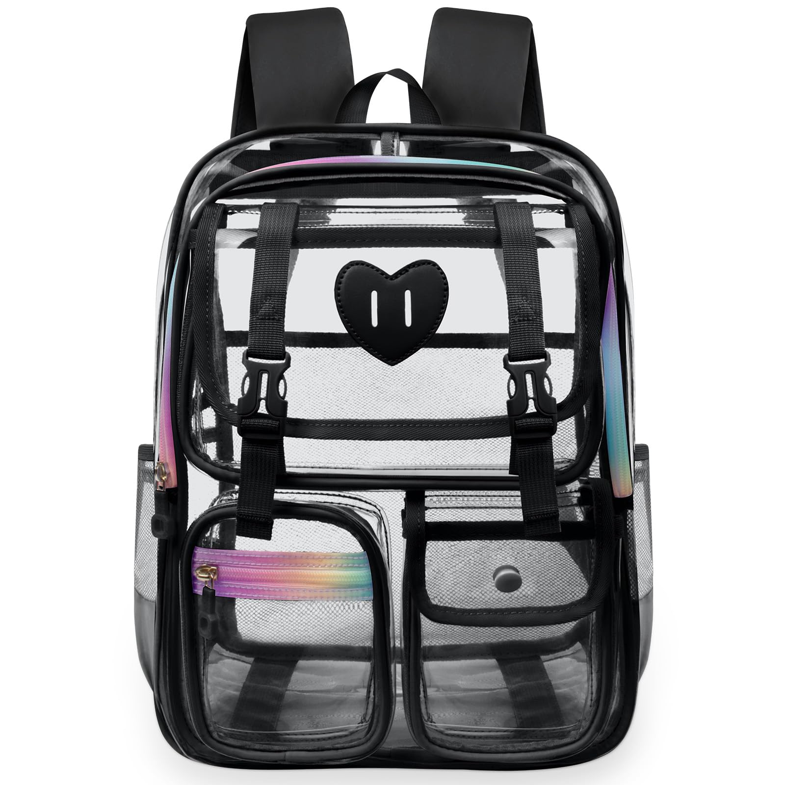 Ujemin Clear Backpack for Girls Women Heavy Duty Transparent Bookbag School Backpack with Mesh Pockets Stadium Approved See Through Backpack (Black)